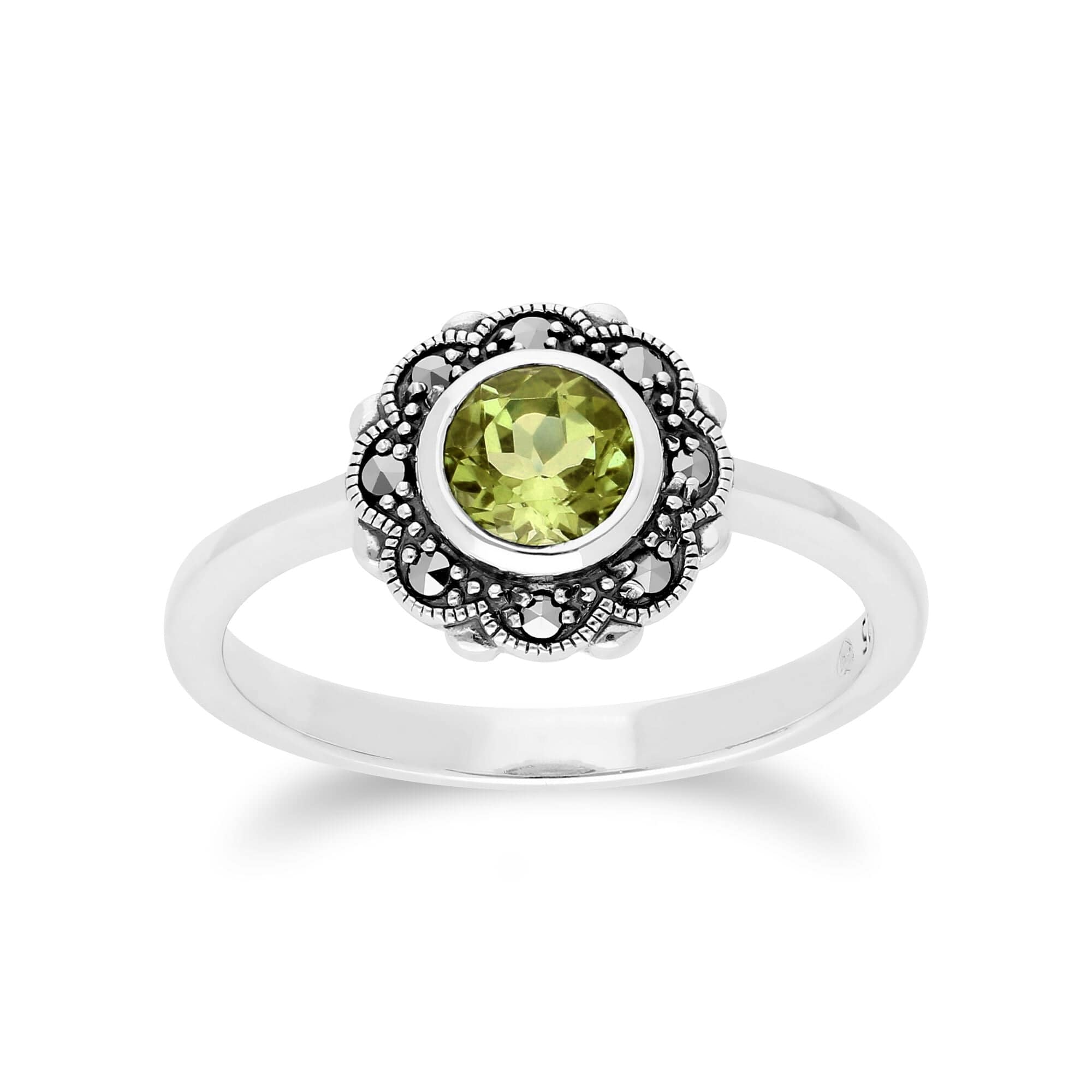 214R597004925 Floral Round Peridot & Marcasite Halo Ring in 925 Sterling Silver 1