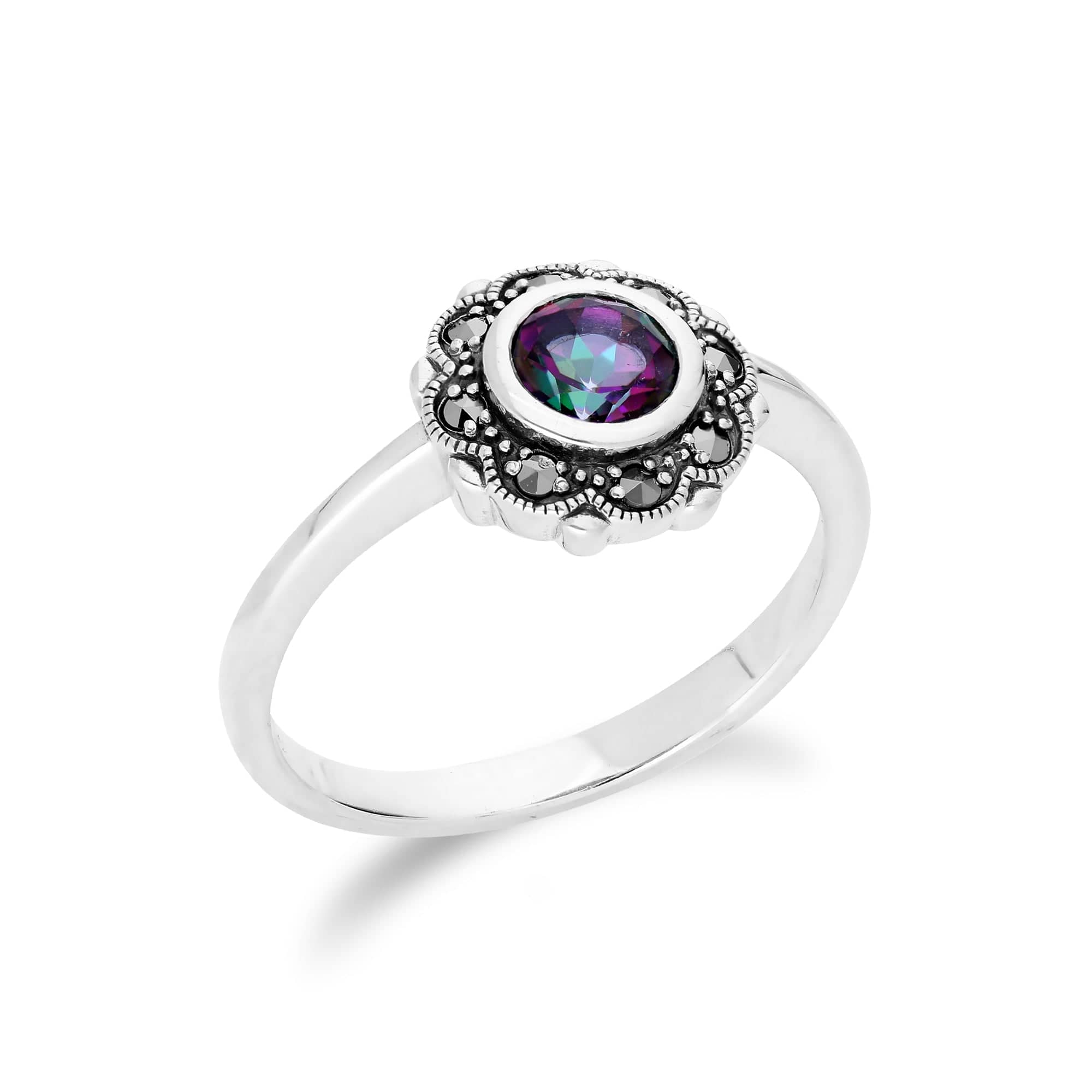 Floral Round Mystic Topaz & Marcasite Halo Ring in 925 Sterling Silver - Gemondo