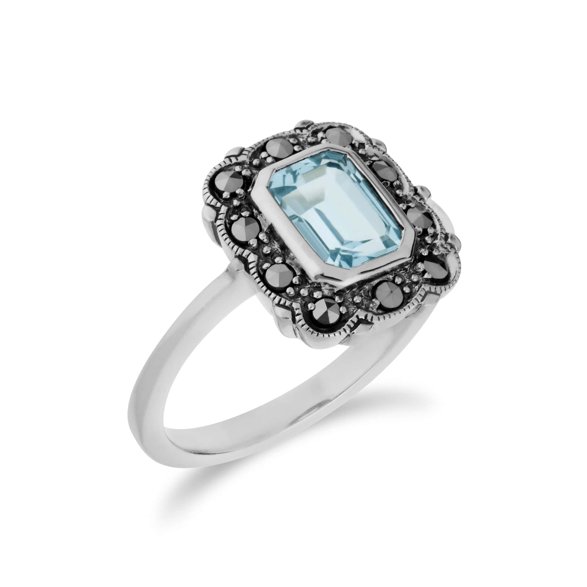 Art Nouveau Style Octagon Blue Topaz & Marcasite Border Ring in 925 Sterling Silver - Gemondo