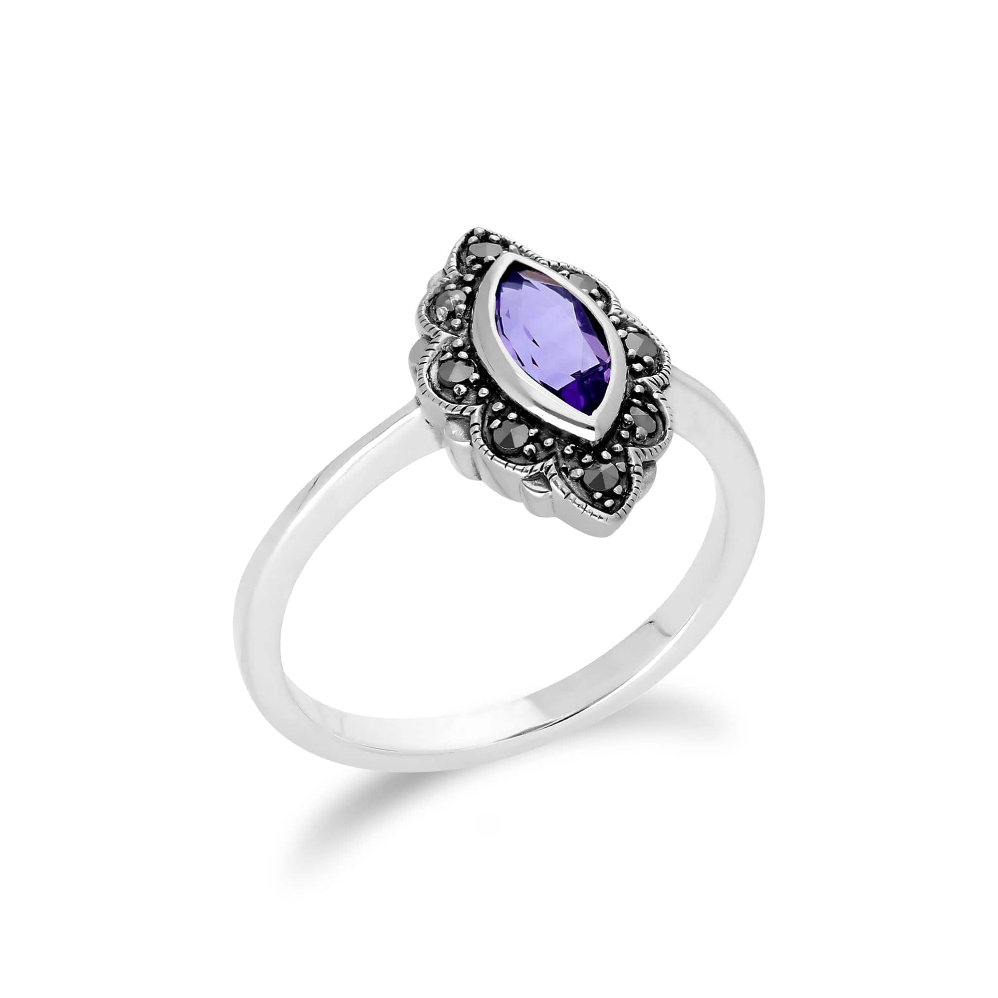 Art Nouveau Marquise Amethyst & Marcasite Leaf Ring in 925 Sterling Silver