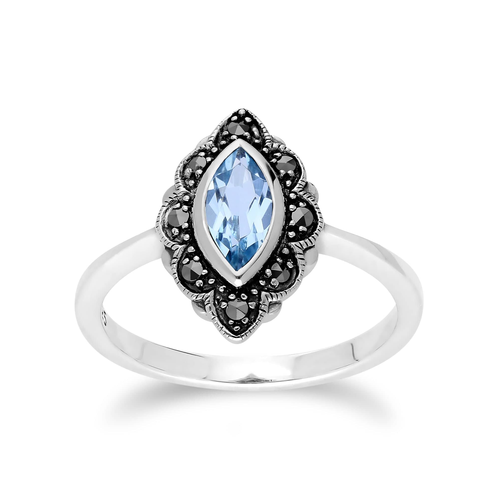 Art Nouveau Marquise Blue Topaz & Marcasite Leaf Ring in 925 Sterling Silver