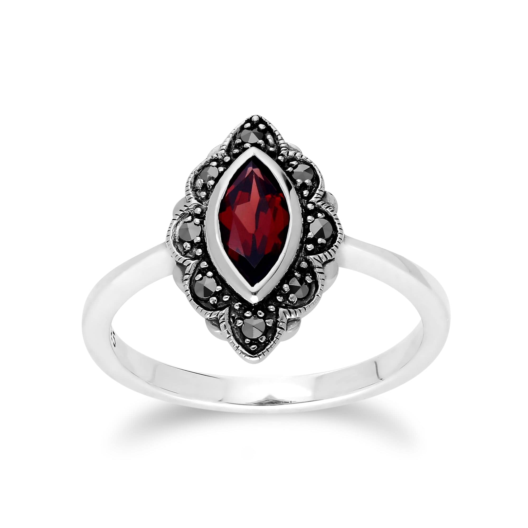 214R597205925 Art Nouveau Style Marquise Garnet & Marcasite Leaf Ring in 925 Sterling Silver 1