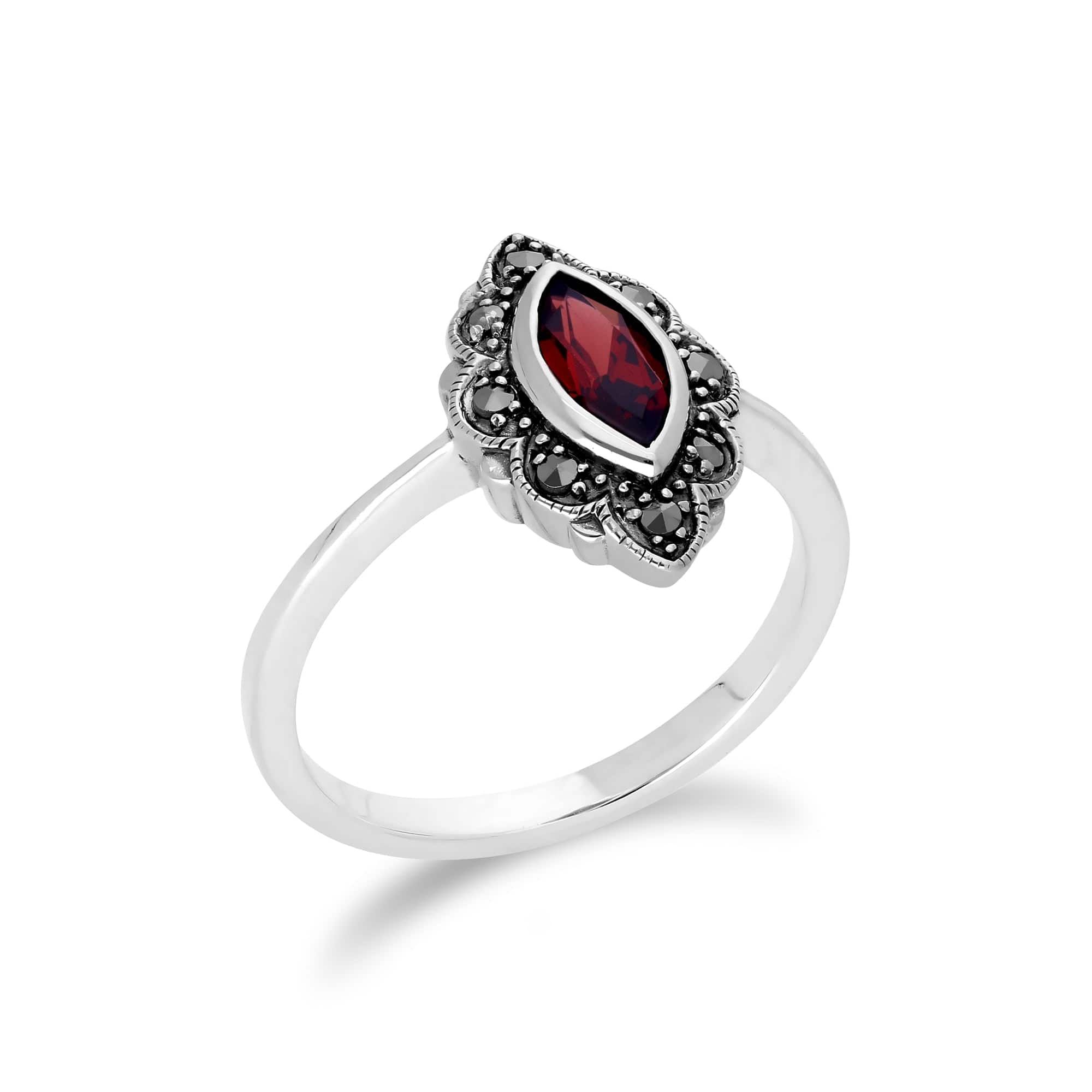 214R597205925 Art Nouveau Style Marquise Garnet & Marcasite Leaf Ring in 925 Sterling Silver 2