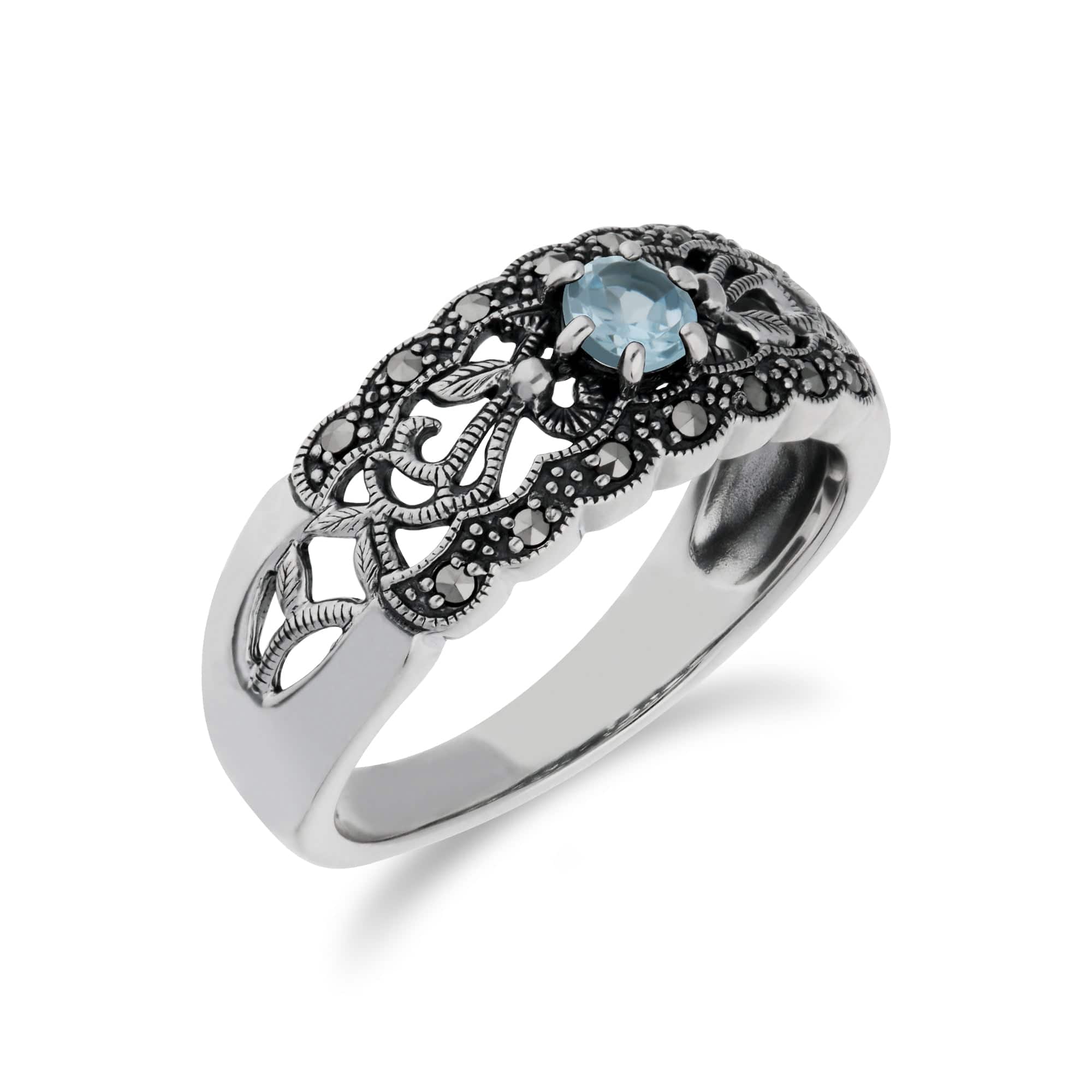 214R597702925 Art Nouveau Style Round Blue Topaz & Marcasite Floral Band Ring in Sterling Silver 3
