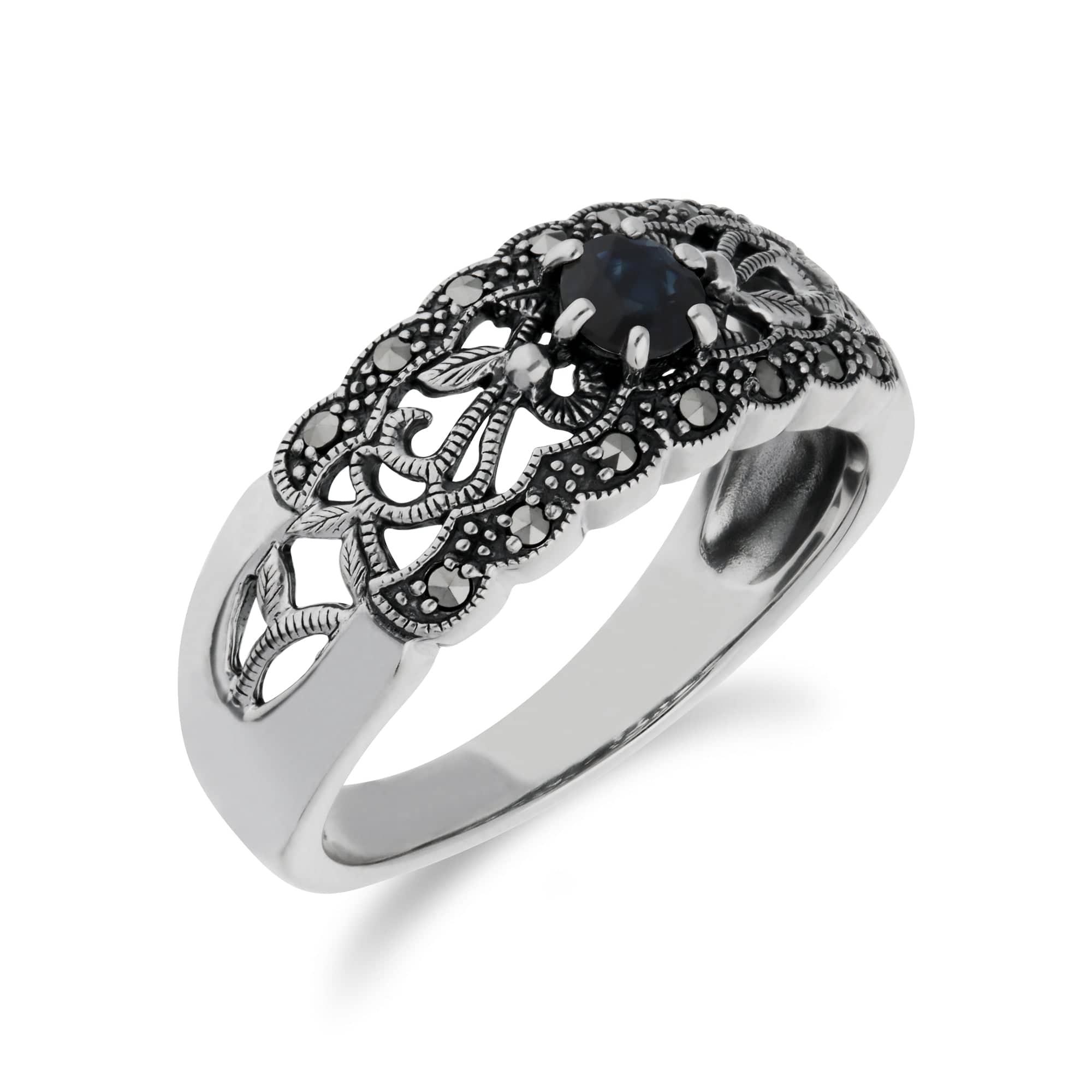 214R597704925 Art Nouveau Style Round Sapphire & Marcasite Floral Band Ring in Sterling Silver 3
