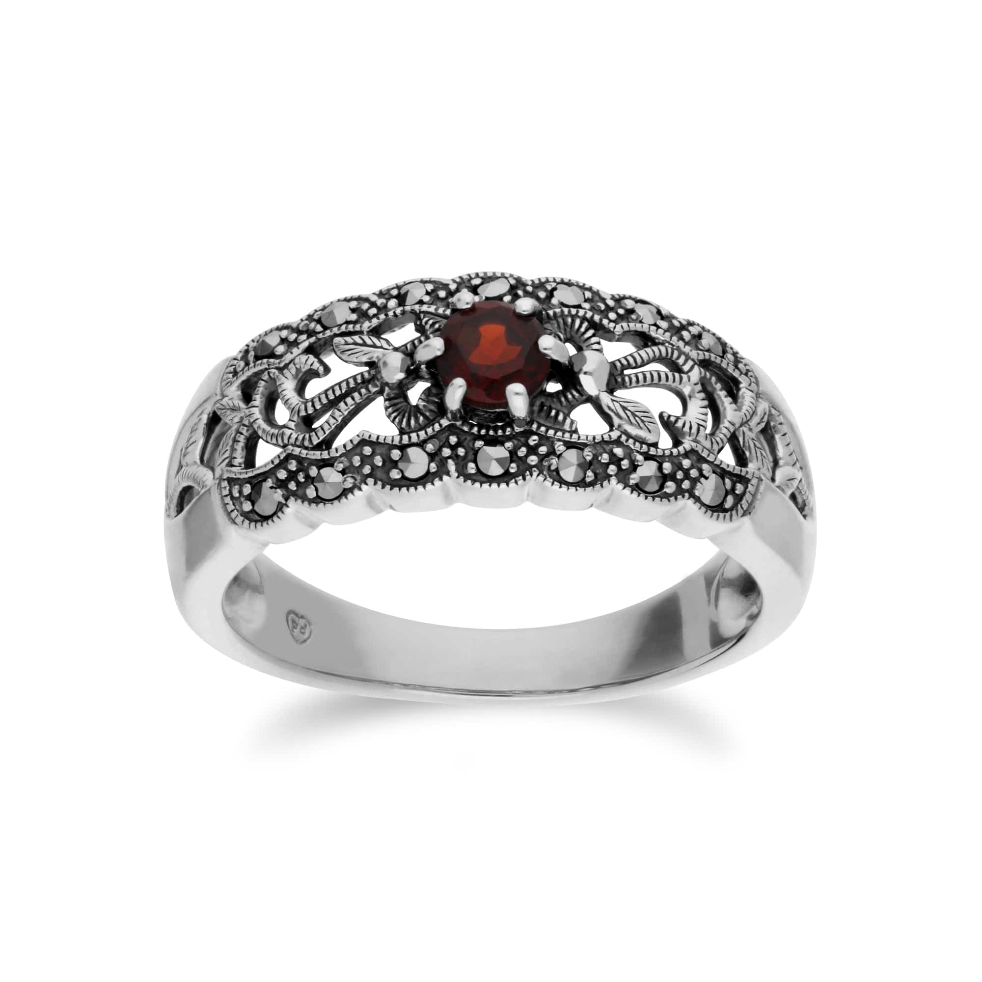 Art Nouveau Style Round Garnet & Marcasite Floral Band Ring in 925 Sterling Silver - Gemondo