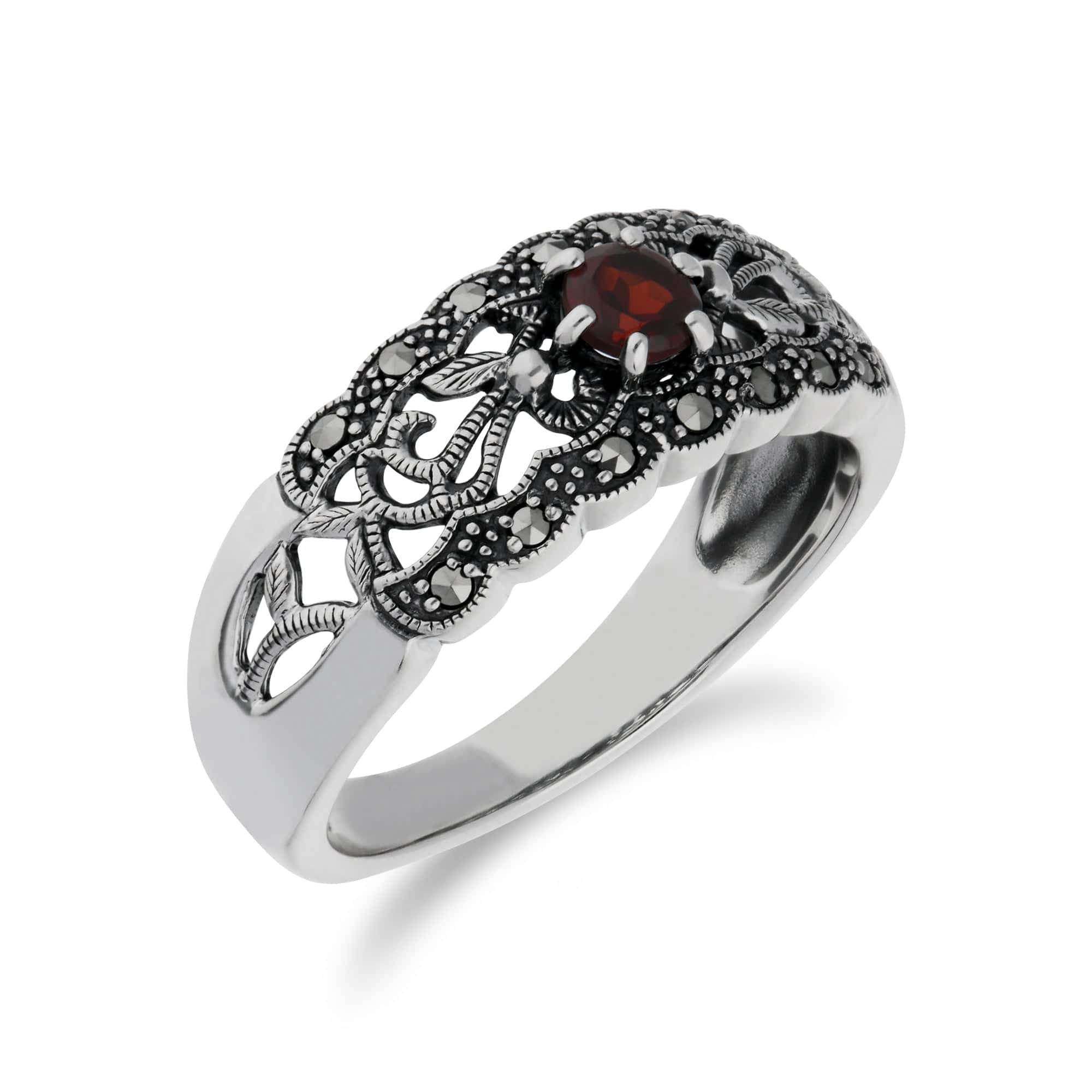 Art Nouveau Style Round Garnet & Marcasite Floral Band Ring in 925 Sterling Silver - Gemondo