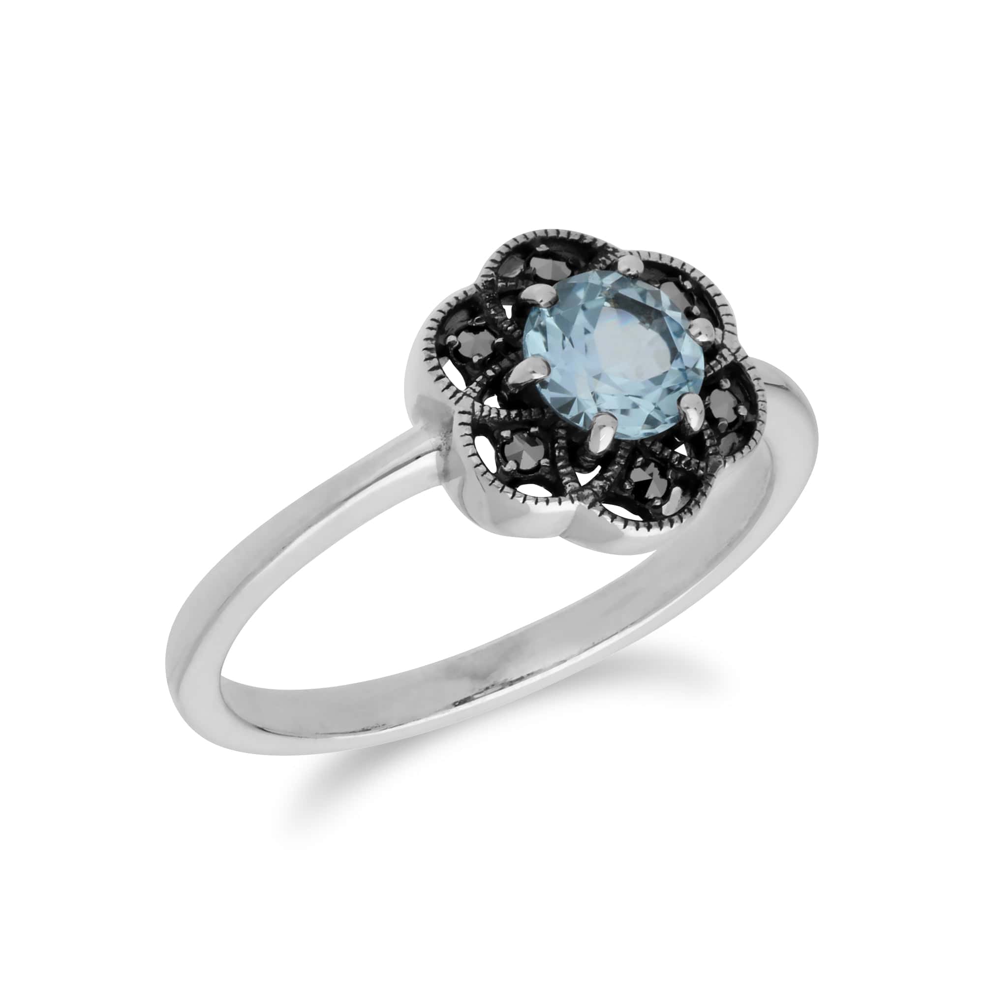 214R599401925 Floral Round Blue Topaz & Marcasite Daisy Ring in 925 Sterling Silver 2