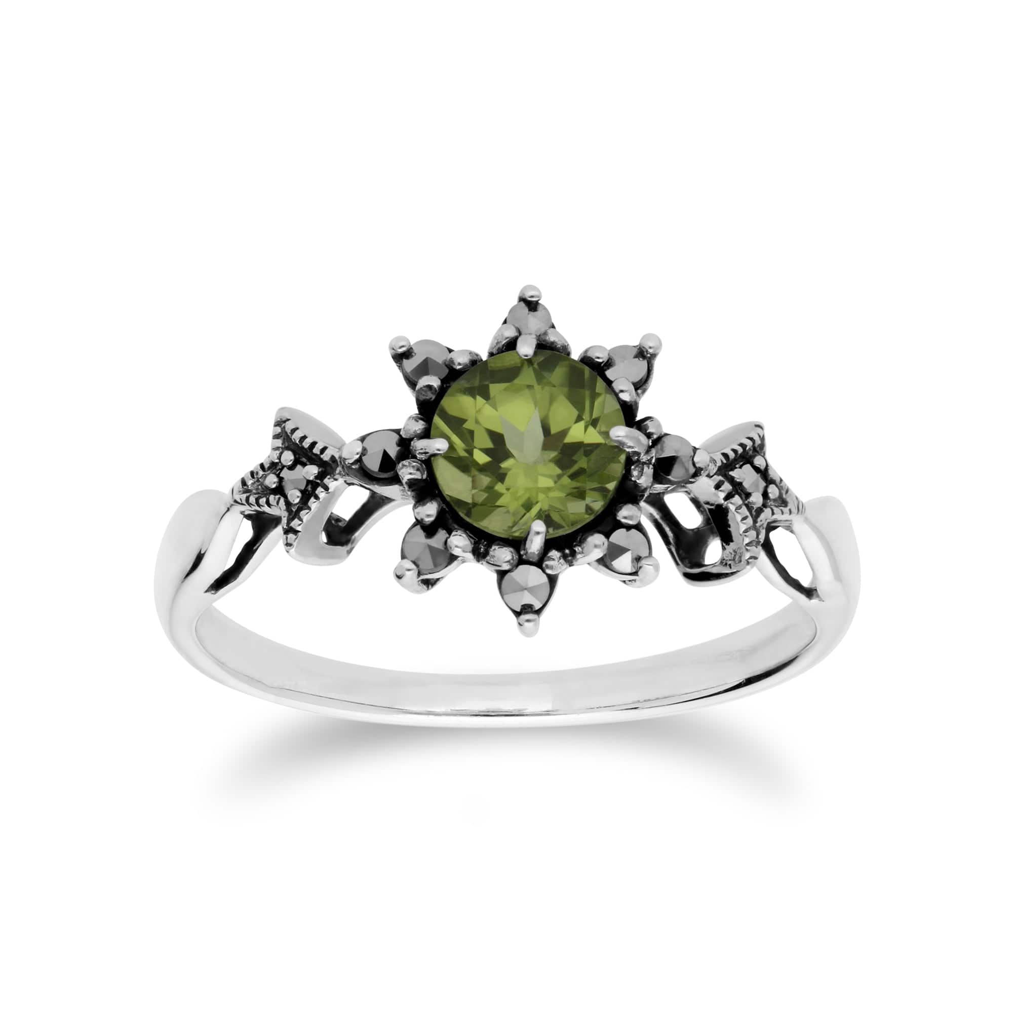 Art Deco Style Round Peridot & Marcasite Floral Ring in 925 Sterling Silver - Gemondo