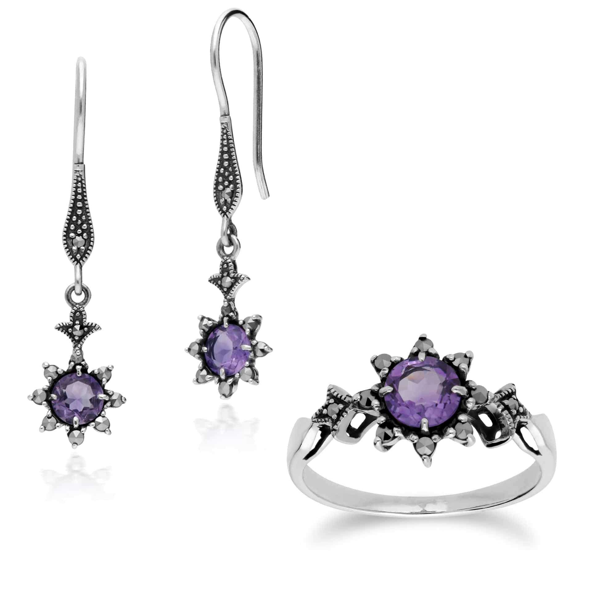 214E860602925-214R599502925 Art Nouveau Style Style Round Amethyst & Marcasite Starburst Drop Earrings & Ring Set in 925 Sterling Silver 1