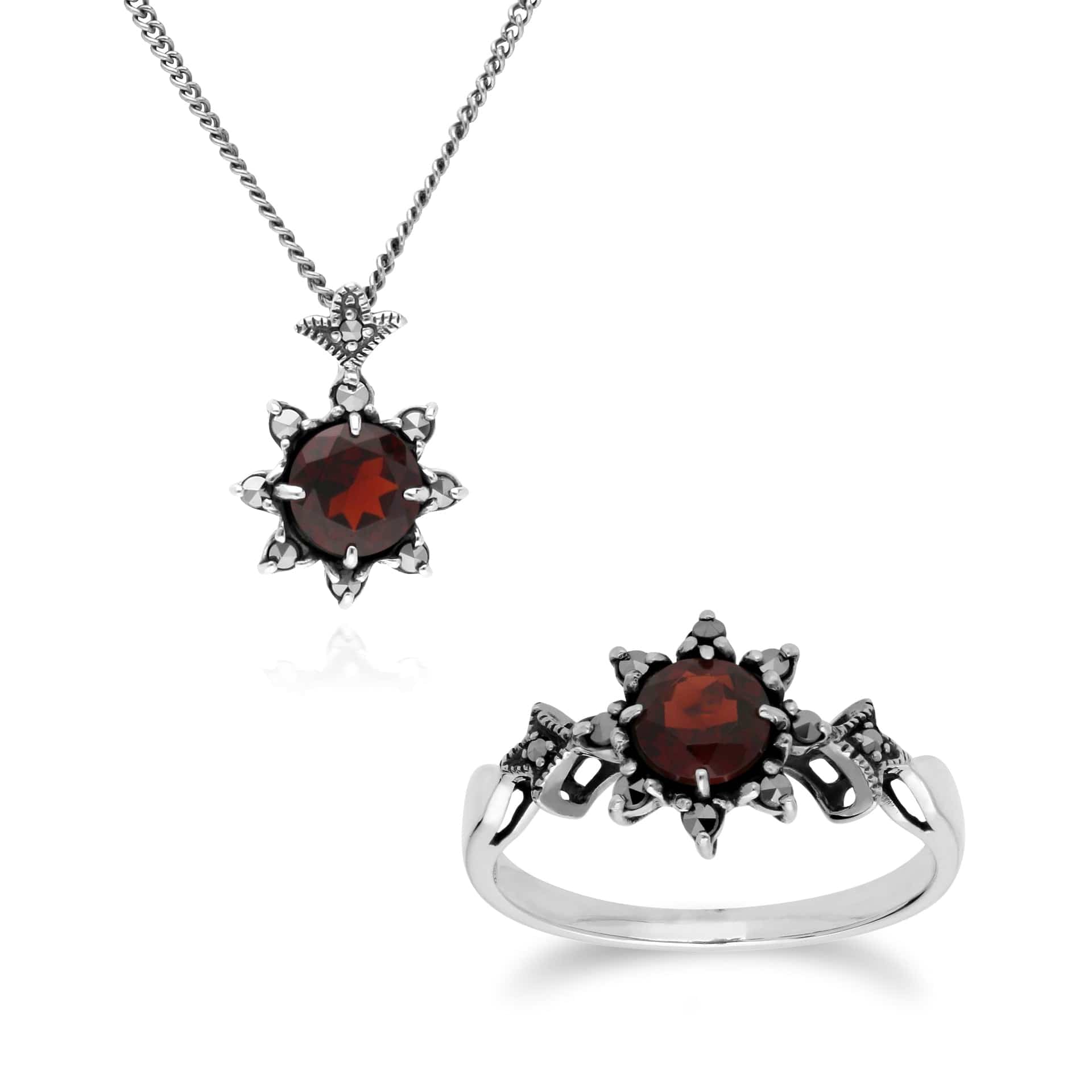 214N696003925-214R599503925 Art Nouveau Style Style Round Garnet & Marcasite Starburst Pendant & Ring Set in 925 Sterling Silver 1