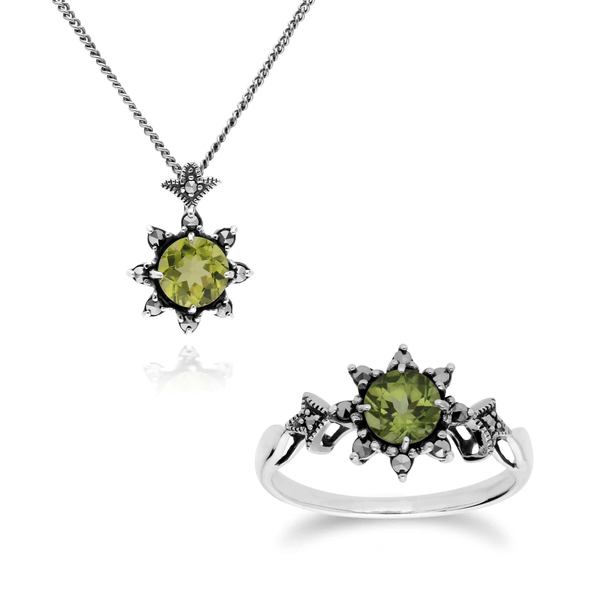 214N696004925-214R599504925 Art Nouveau Style Style Round Peridot & Marcasite Starburst Pendant & Ring Set in 925 Sterling Silver 1