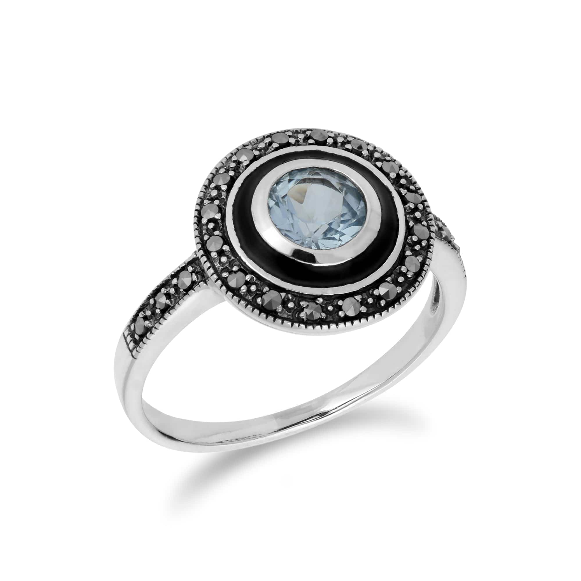 Art Deco Style Round Blue Topaz & Black Enamel Halo Ring in Sterling Silver - Gemondo