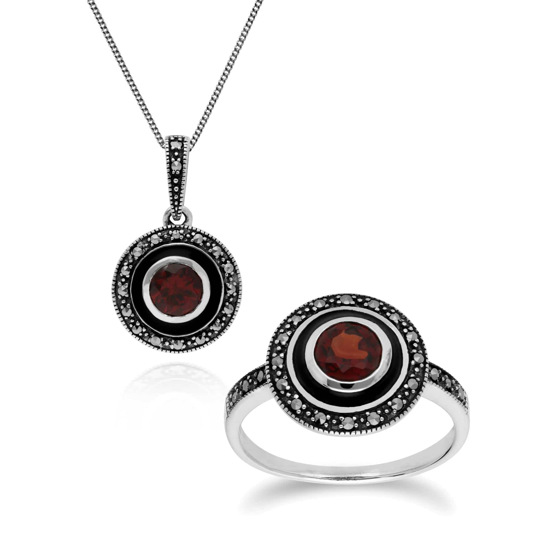 214P301303925-214R599603925 Art Deco Style Round Garnet, Marcasite & Black Enamel Pendant & Ring Set in 925 Sterling Silver 1