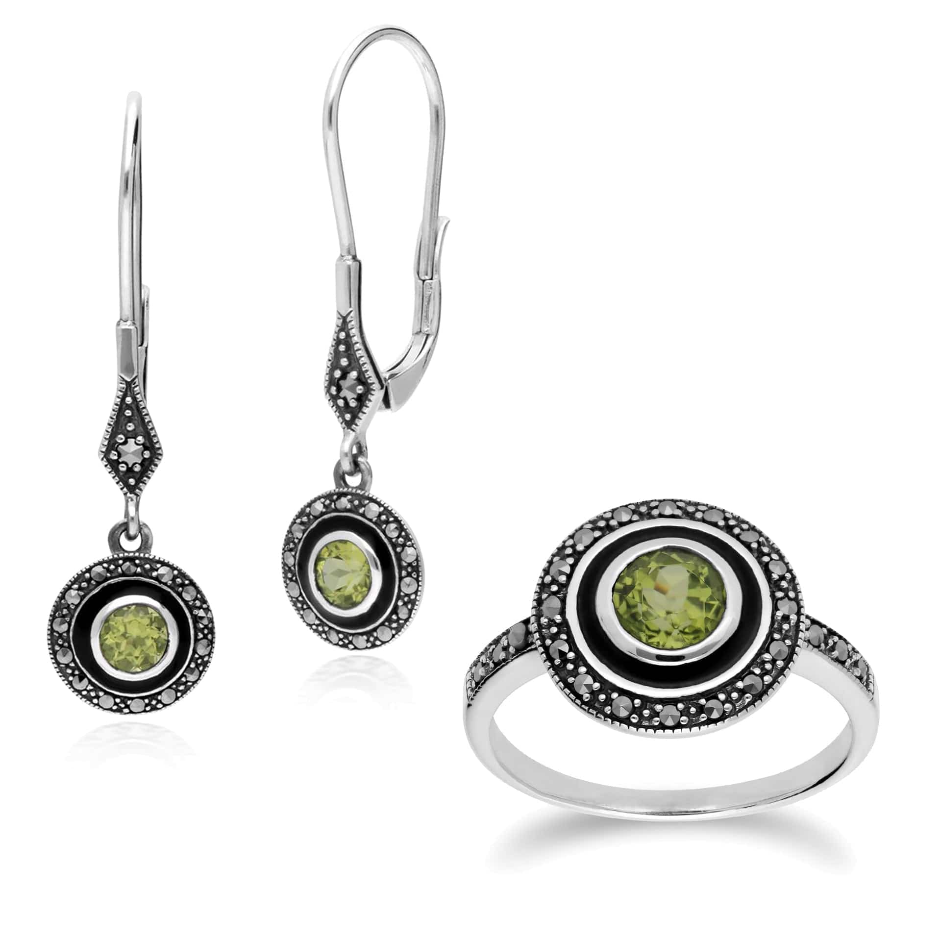 214E860704925-214R599604925 Art Deco Style Round Peridot, Marcasite & Black Enamel Drop Earrings & Ring Set in 925 Sterling Silver 1