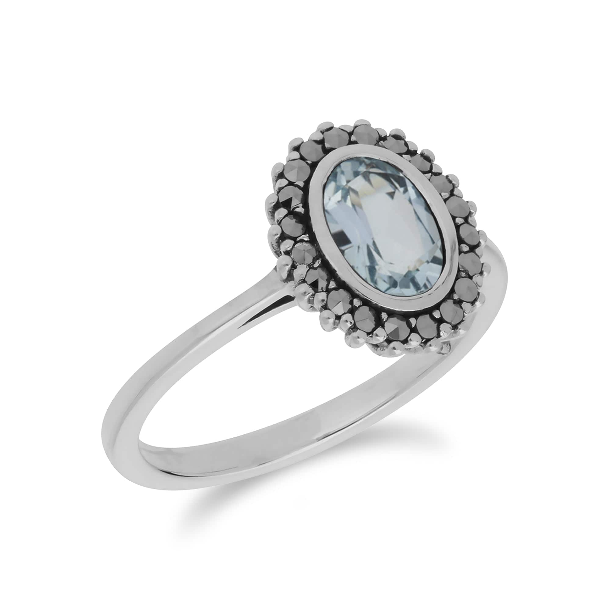 214R599701925 Art Deco Style Oval Blue Topaz & Marcasite Halo Ring in 925 Sterling Silver 2