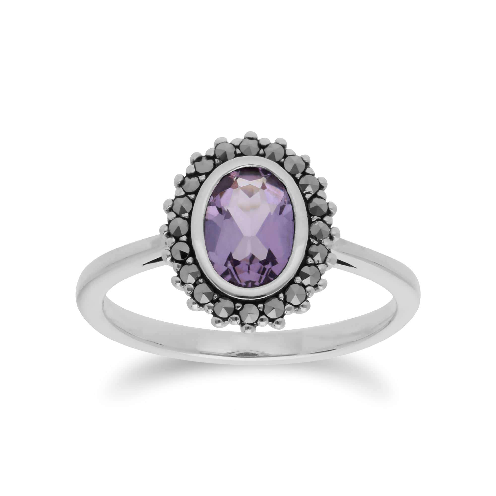 Art Deco Style Oval Amethyst & Marcasite Halo Ring in 925 Sterling Silver - Gemondo