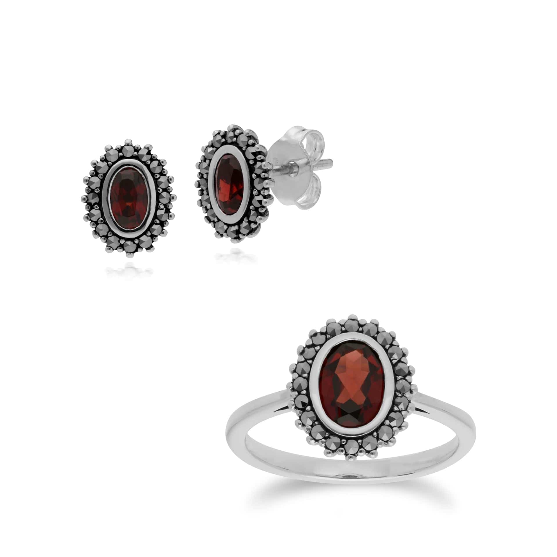 214E860903925-214R599703925 Art Deco Style Oval Garnet & Marcasite Halo Stud Earrings & Ring Set in 925 Sterling Silver 1