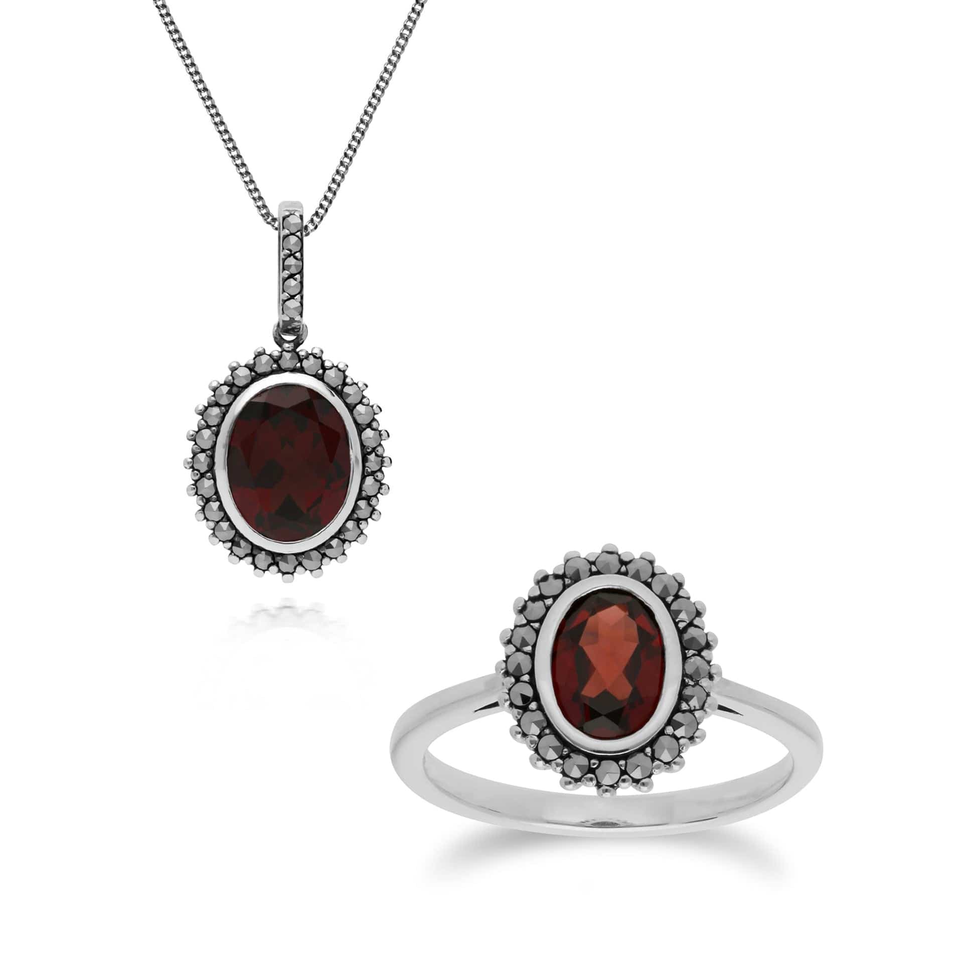 214P301403925-214R599703925 Art Deco Style Oval Garnet & Marcasite Halo Pendant & Ring Set in 925 Sterling Silver 1