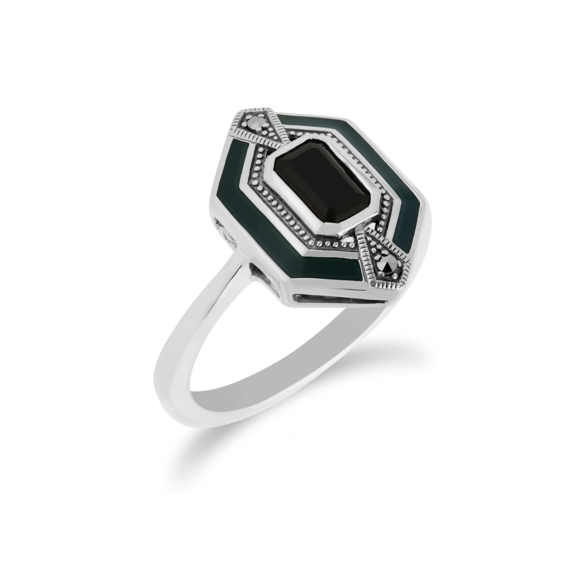 Art Deco Style Octagon Black Onyx, Marcasite & Green Enamel hexagon Ring in 925 Sterling Silver - Gemondo