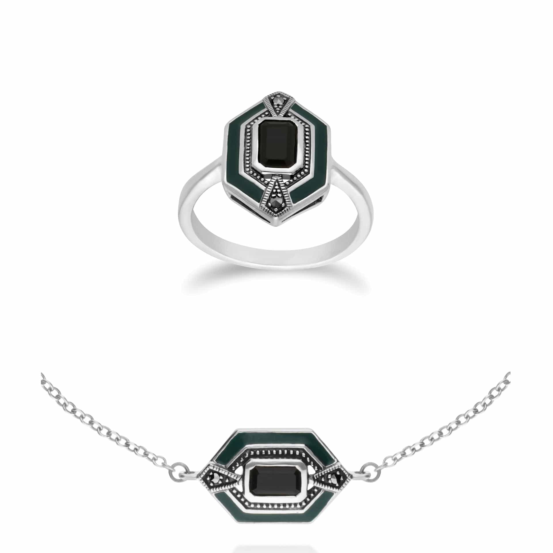 214L164504925-214R602604925 Art Deco Style Black Onyx, Marcasite & Green Enamel Hexagon Ring & Bracelet Set in 925 Sterling Silver 1