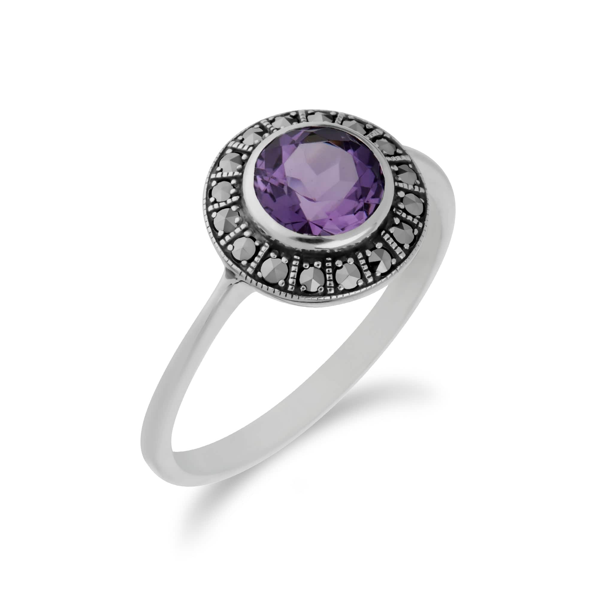 Art Deco Style Round Amethyst & Marcasite Halo Ring In Sterling Silver - Gemondo