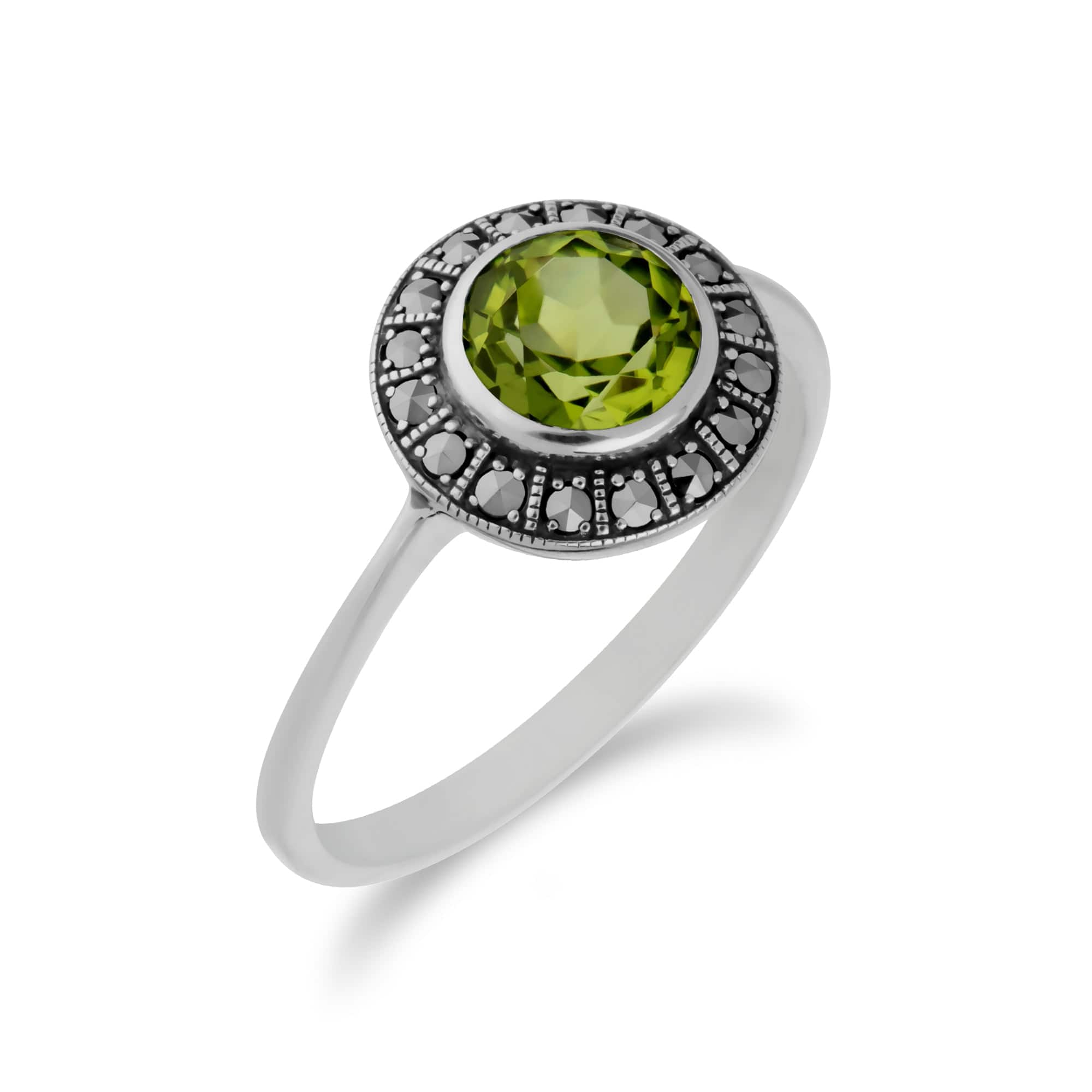Art Deco Style Round Peridot & Marcasite Halo Ring in 925 Sterling Silver - Gemondo