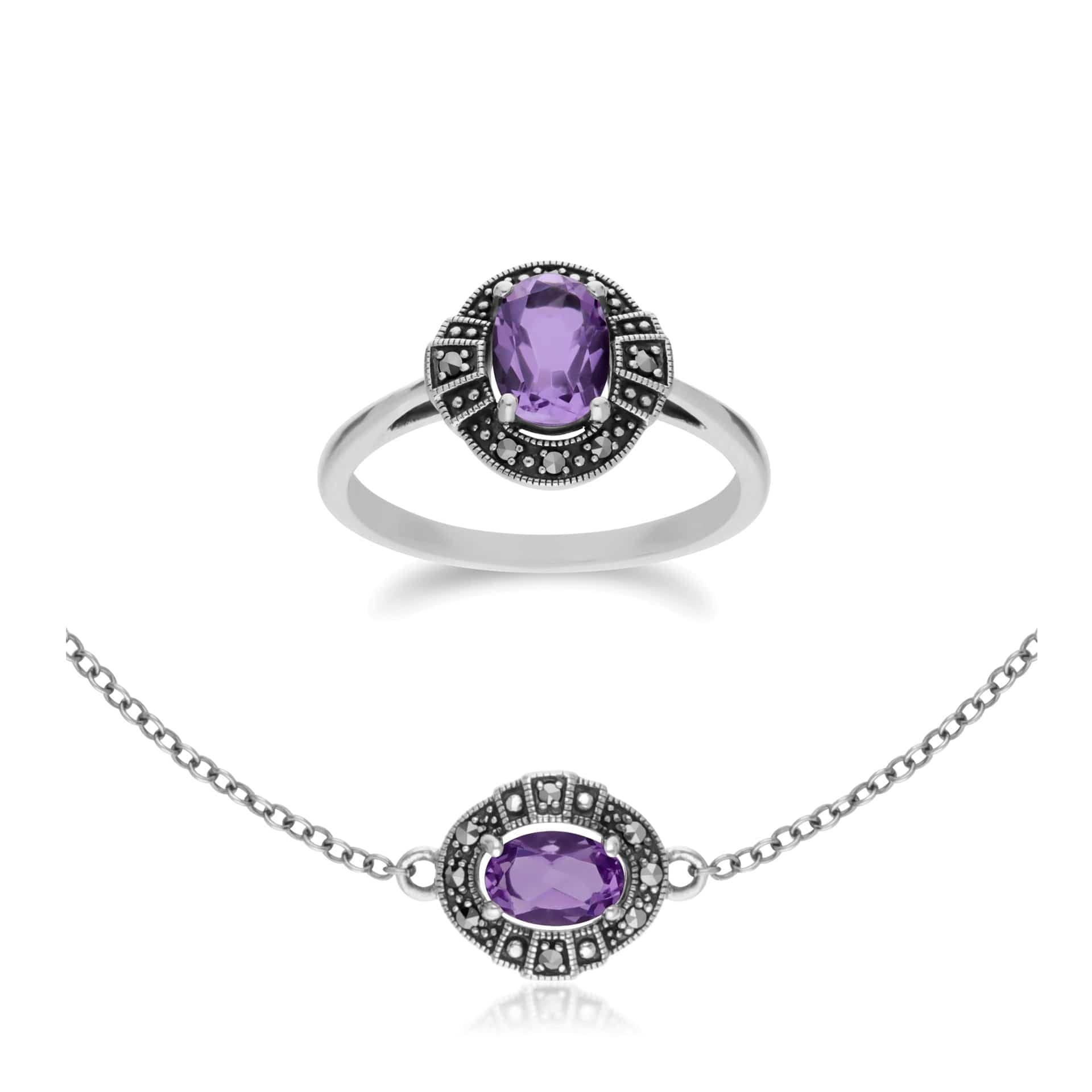 214L165402925-214R605702925 Art Deco Style Oval Amethyst and Marcasite Cluster Silver Ring & Bracelet Set 1