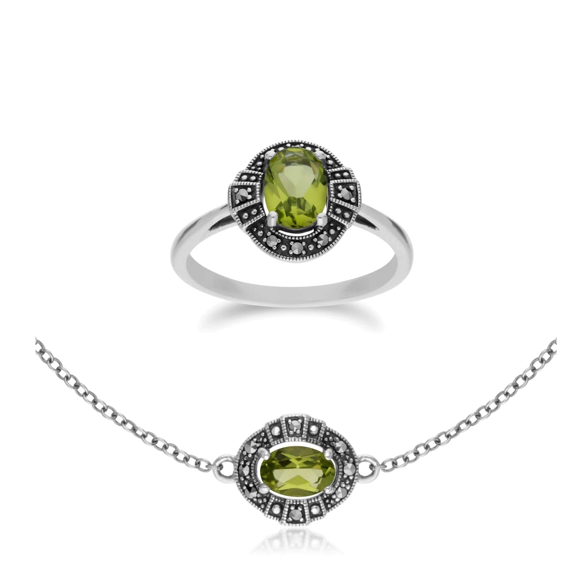 214L165404925-214R605704925 Art Deco Style Oval Peridot and Marcasite Cluster Ring & Bracelet Set in 925 Sterling Silver 1