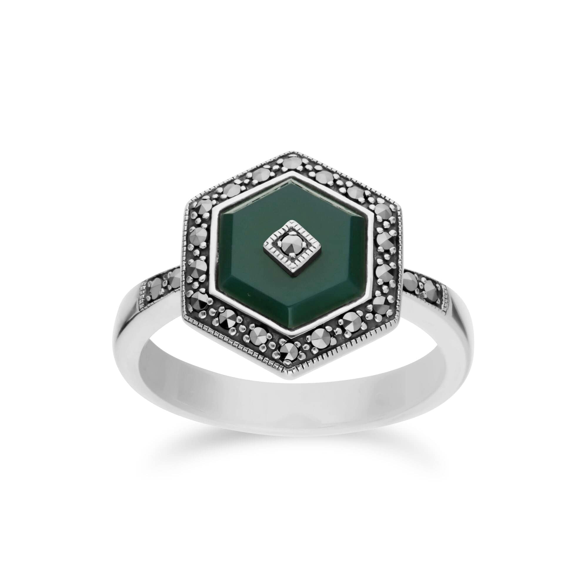 Art Deco Style Green Chalcedony & Marcasite Hexagon Ring in 925 Sterling Silver
