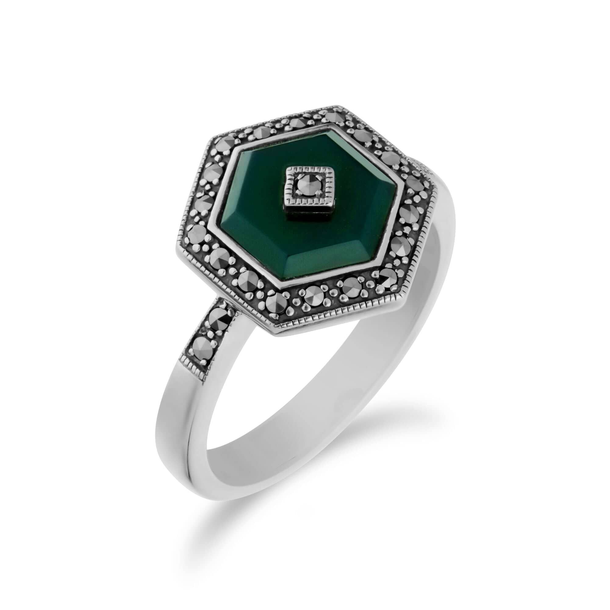Art Deco Style Green Chalcedony & Marcasite Hexagon Ring in 925 Sterling Silver - Gemondo