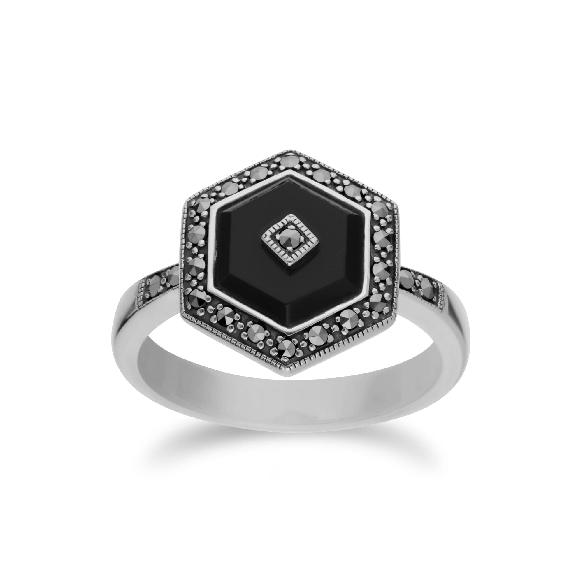 214R605802925 Art Deco Style Black Onyx & Marcasite Silver  Hexagon Ring 1