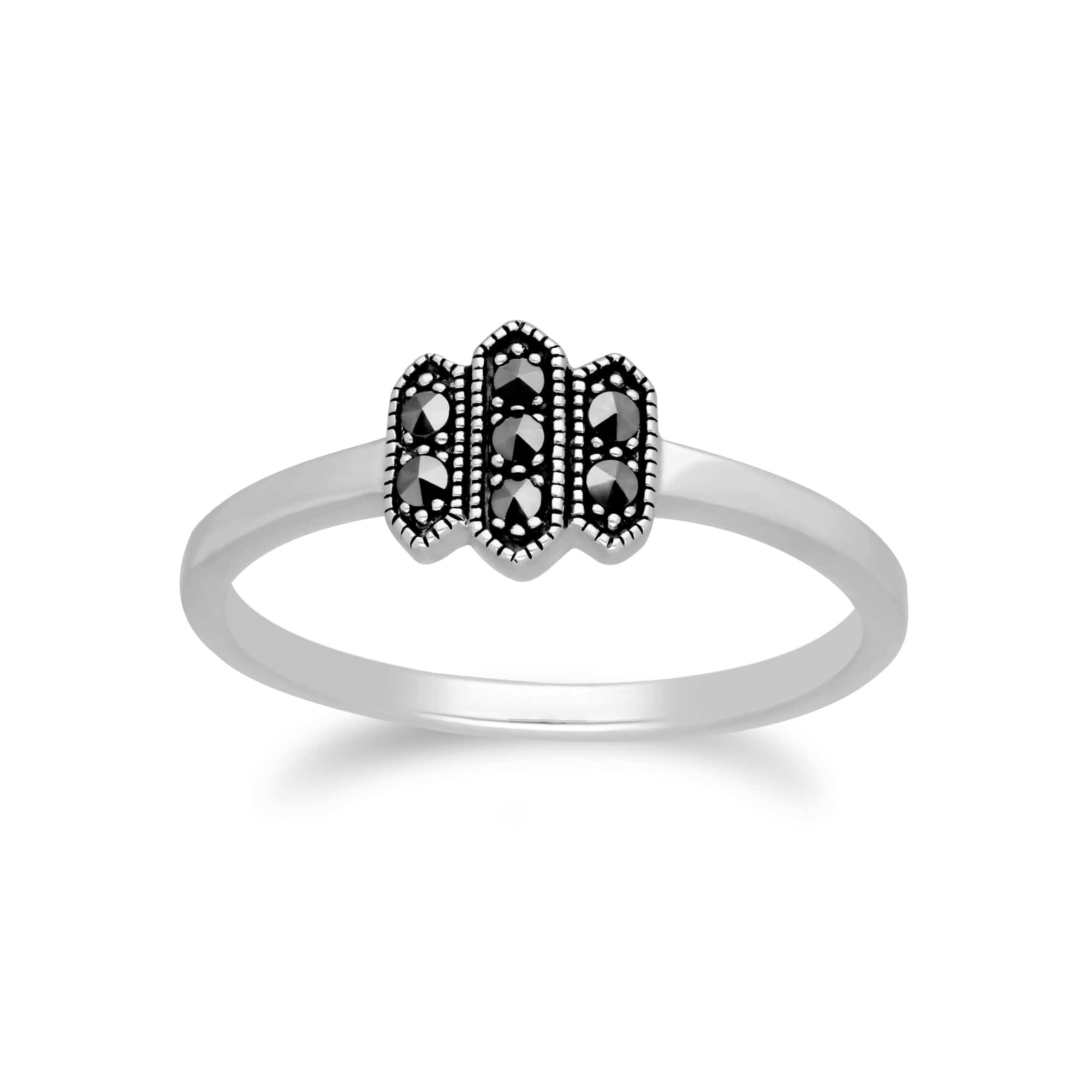 Art Deco Style Round Marcasite Triple Hexagon Ring in 925 Sterling Silver - Gemondo