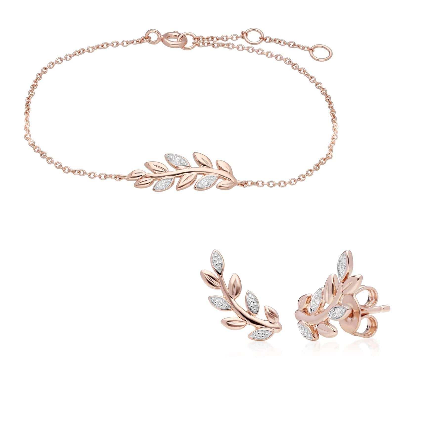 O Leaf Diamond Bracelet & Stud Stud Earring Set in 9ct Rose Gold - Gemondo