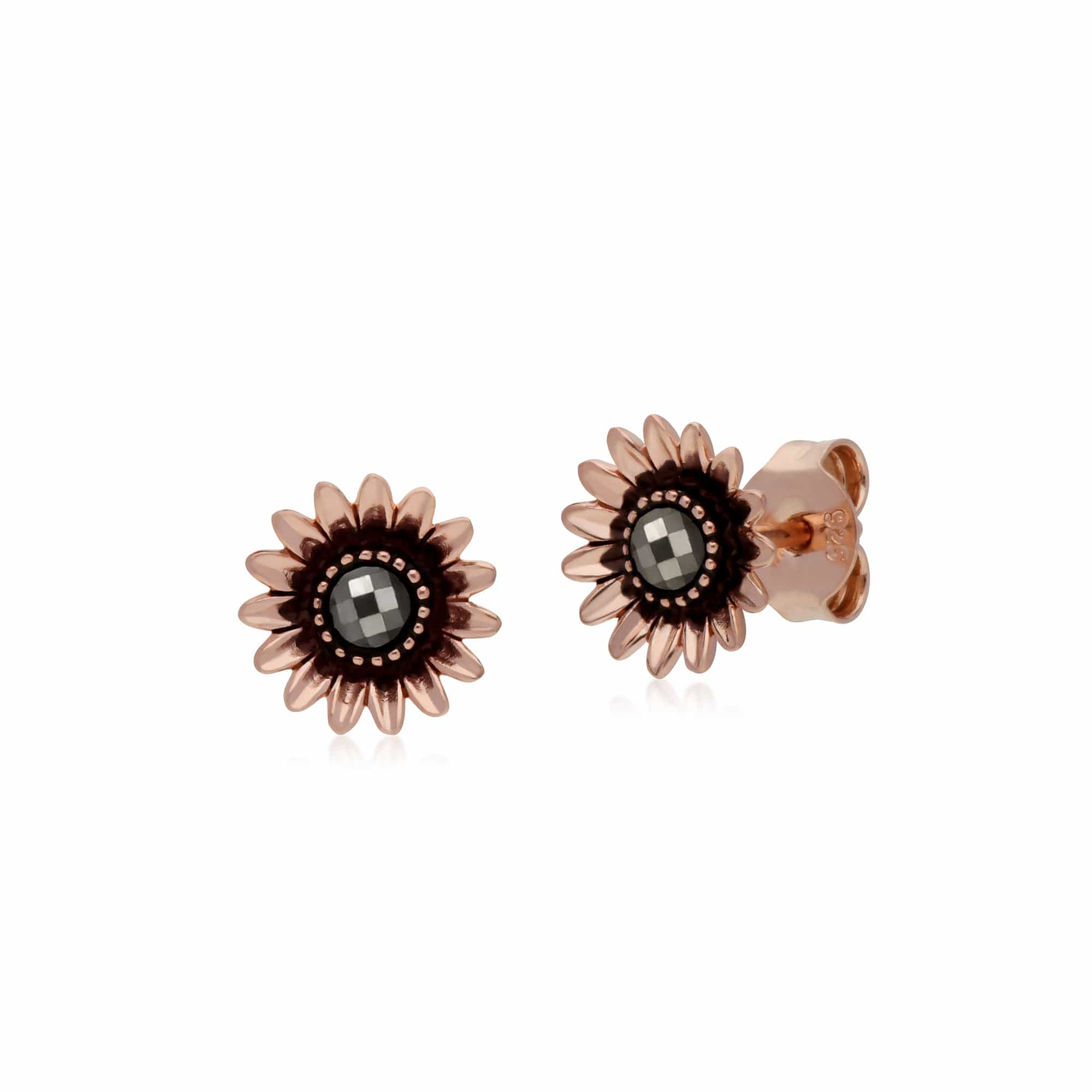 Rose Gold Plated Round Marcasite Daisy Stud Earrings in 925 Sterling Silver - Gemondo