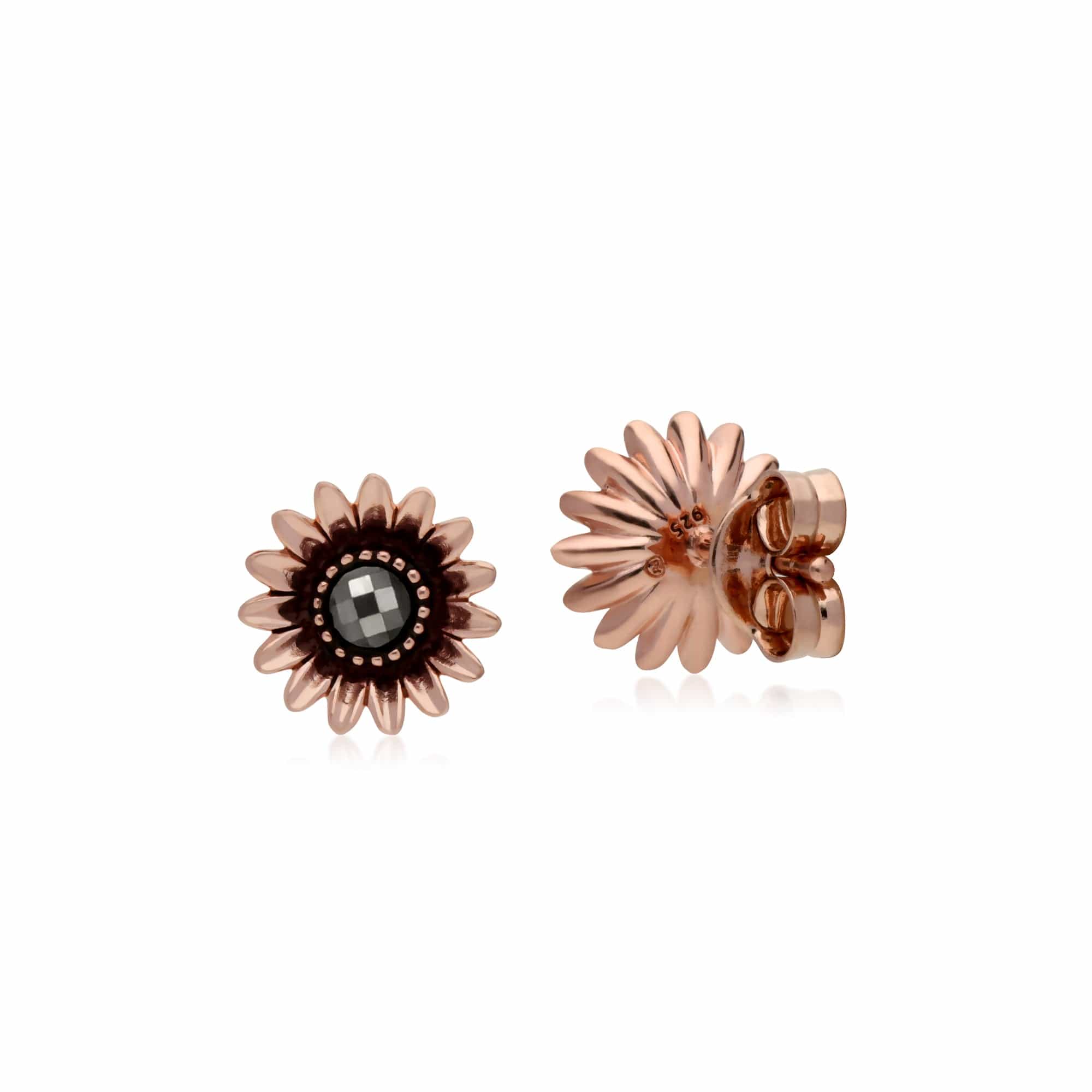 Rose Gold Plated Round Marcasite Daisy Stud Earrings in 925 Sterling Silver - Gemondo