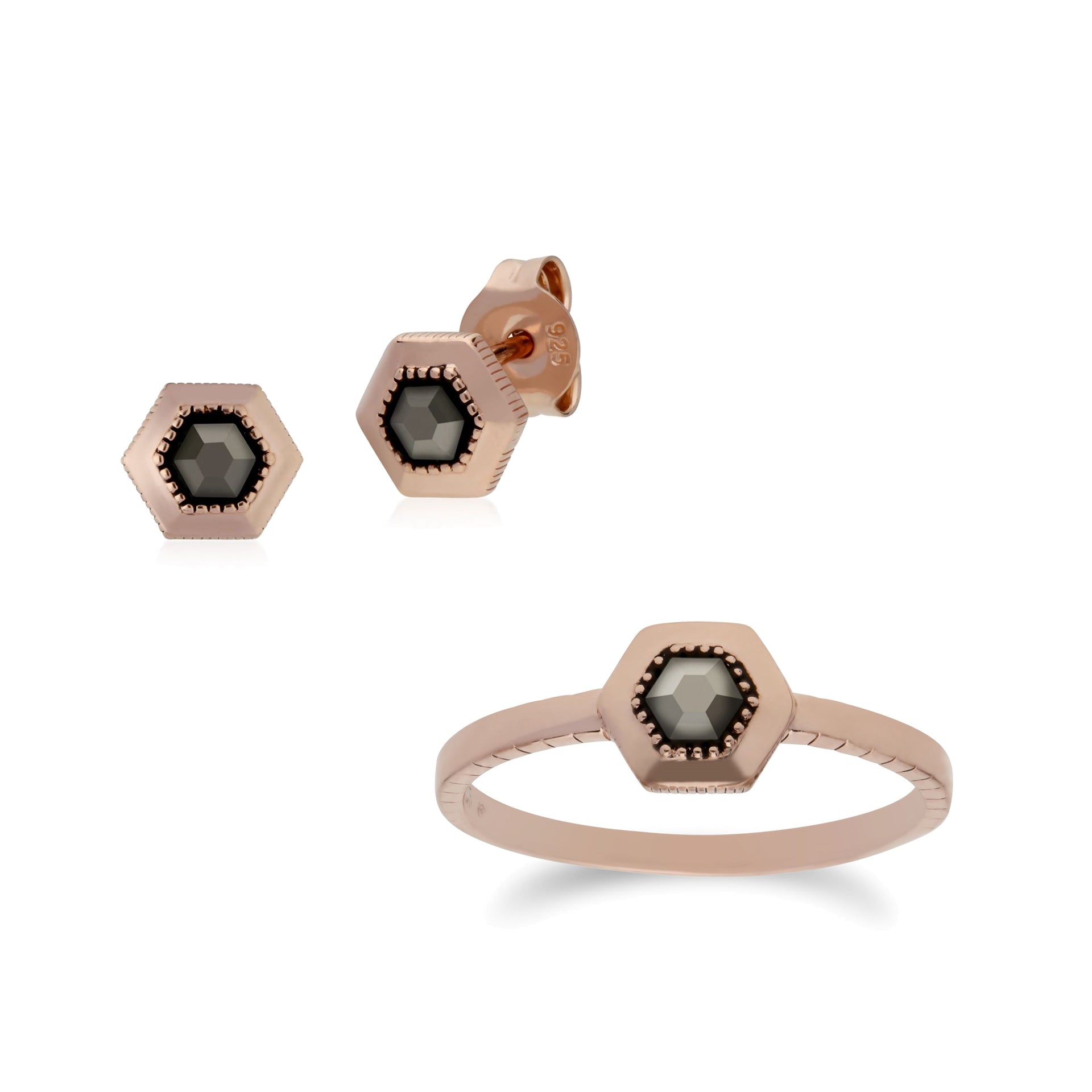 224E022601925-224R029901925 Rose Gold Plated Marcasite Geometric Dotted Stud Earrings & Ring Set in 925 Sterling Silver 1