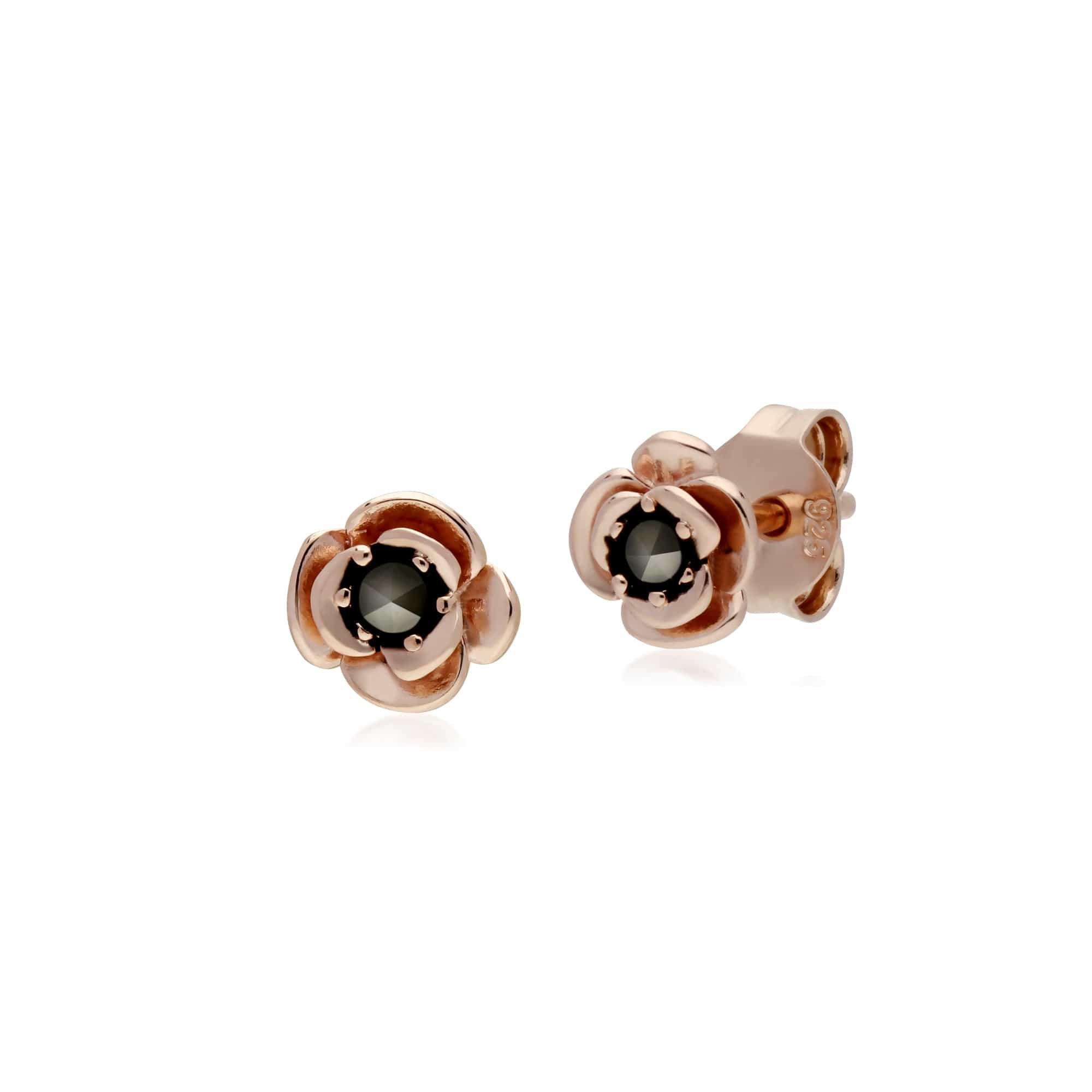 Rose Gold Plated Round Marcasite Floral Stud Earrings in 925 Sterling Silver - Gemondo