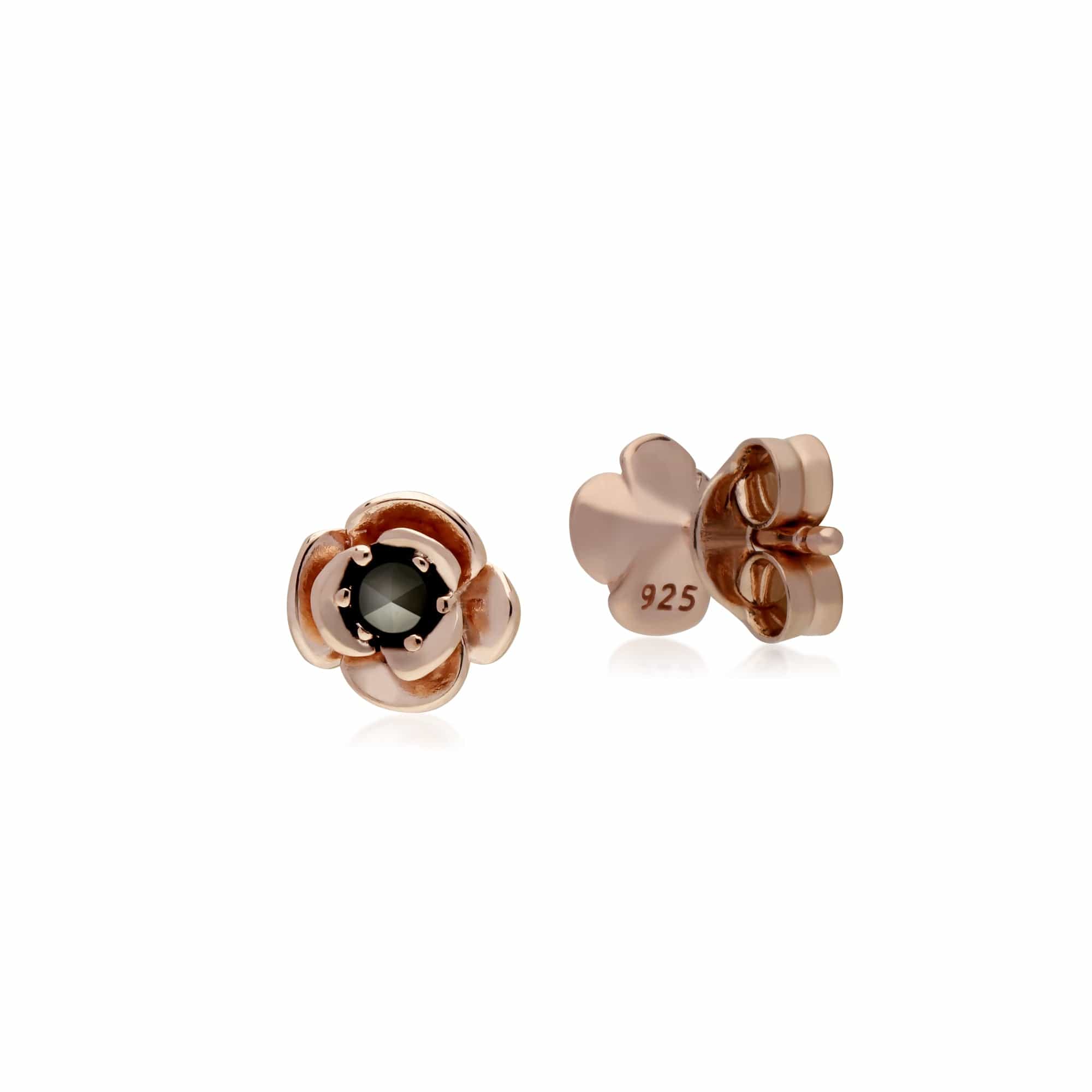 Rose Gold Plated Round Marcasite Floral Stud Earrings in 925 Sterling Silver - Gemondo