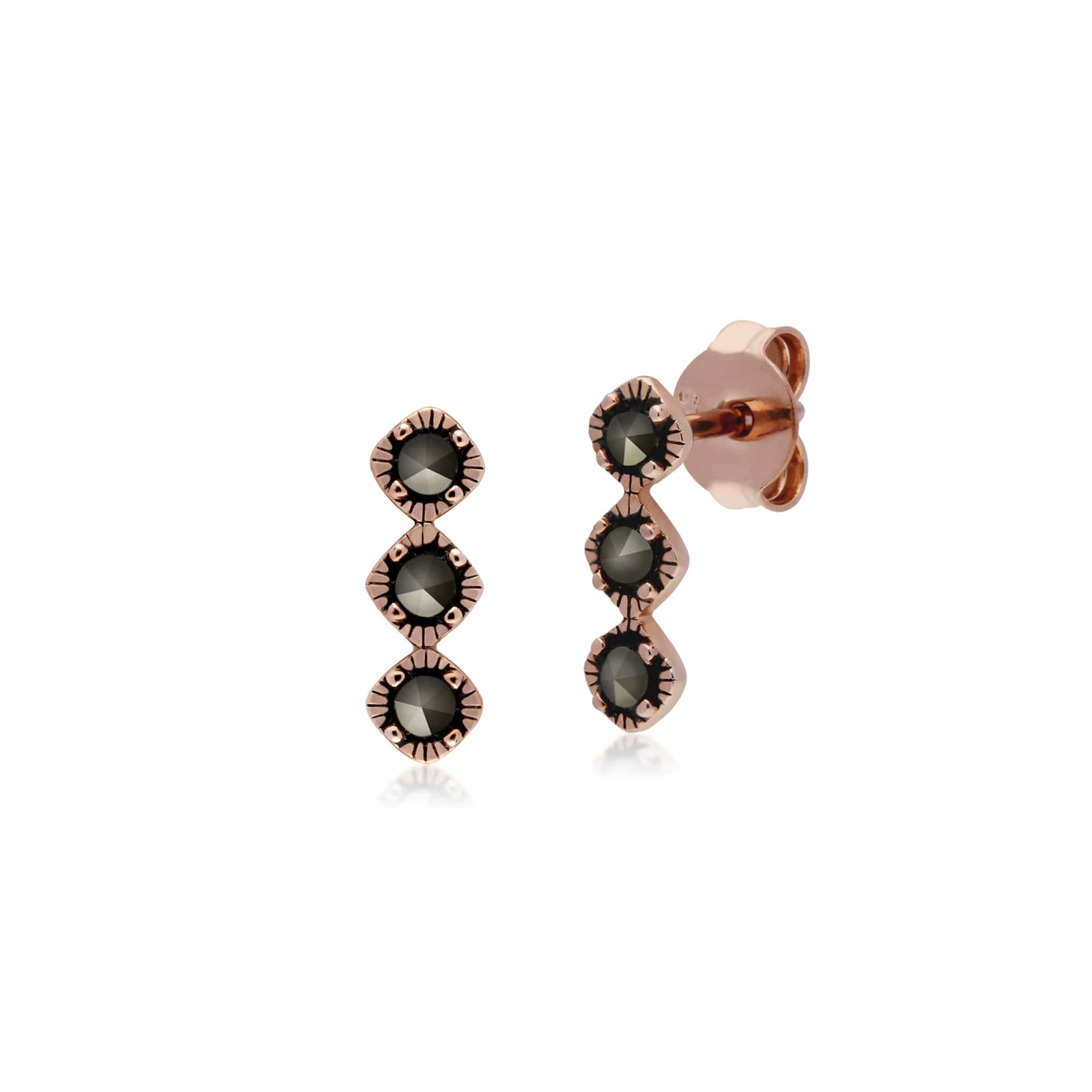 Rose Gold Plated Round Marcasite Triple Stone Stud Earrings in 925 Sterling Silver