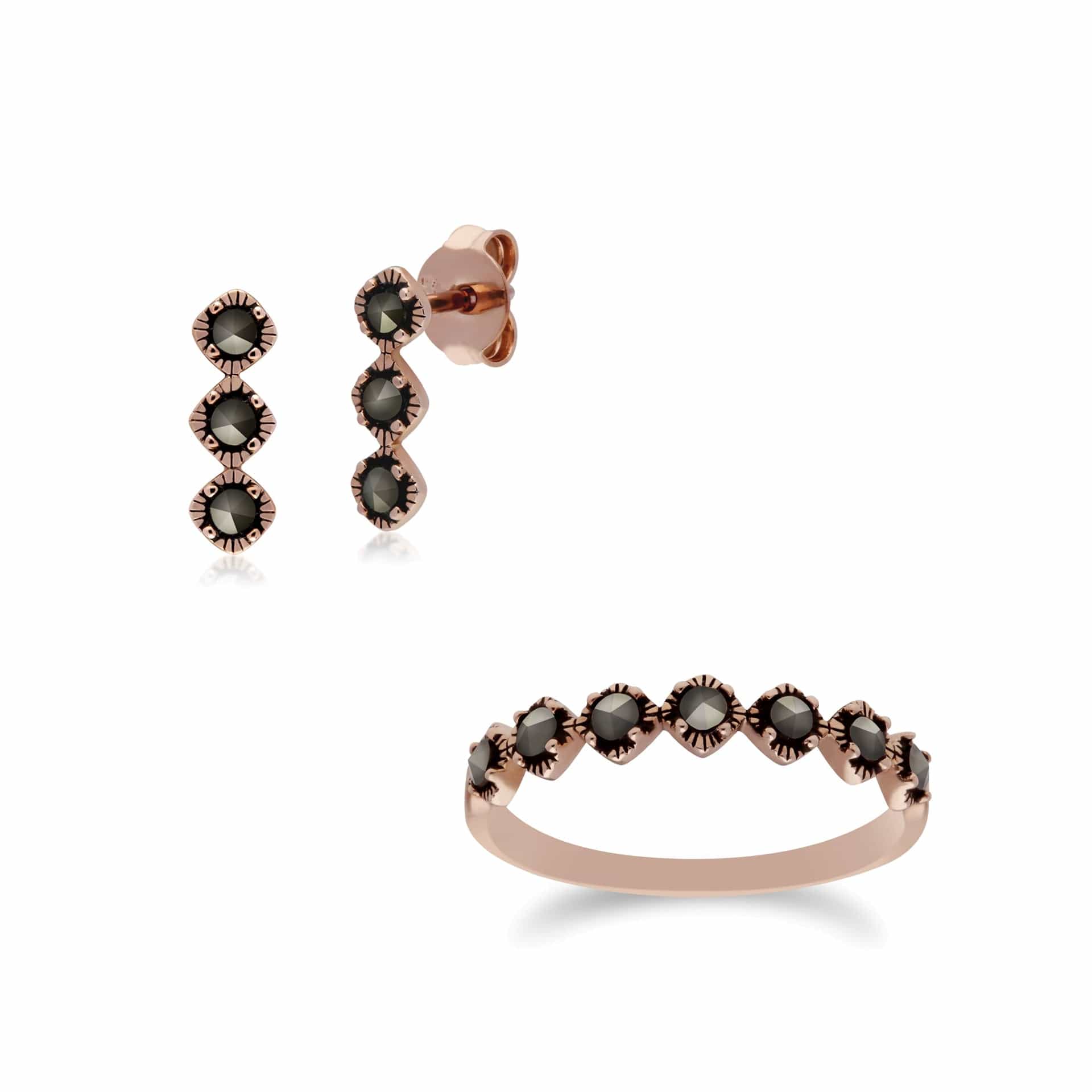 224E023101925-224R030201925 Rose Gold Plated Marcasite Triple Stone Stud Earrings & Ring Set in 925 Sterling Silver 1