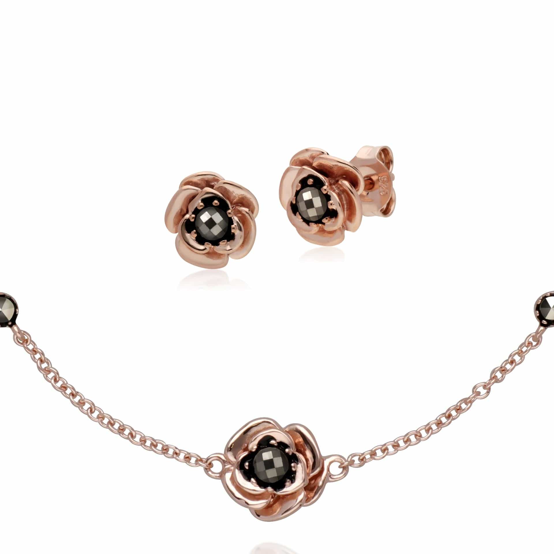 224E023301925-224L007501925 Rose Gold Plated Marcasite Flower Stud Earrings & Bracelet Set in 925 Sterling Silver 1