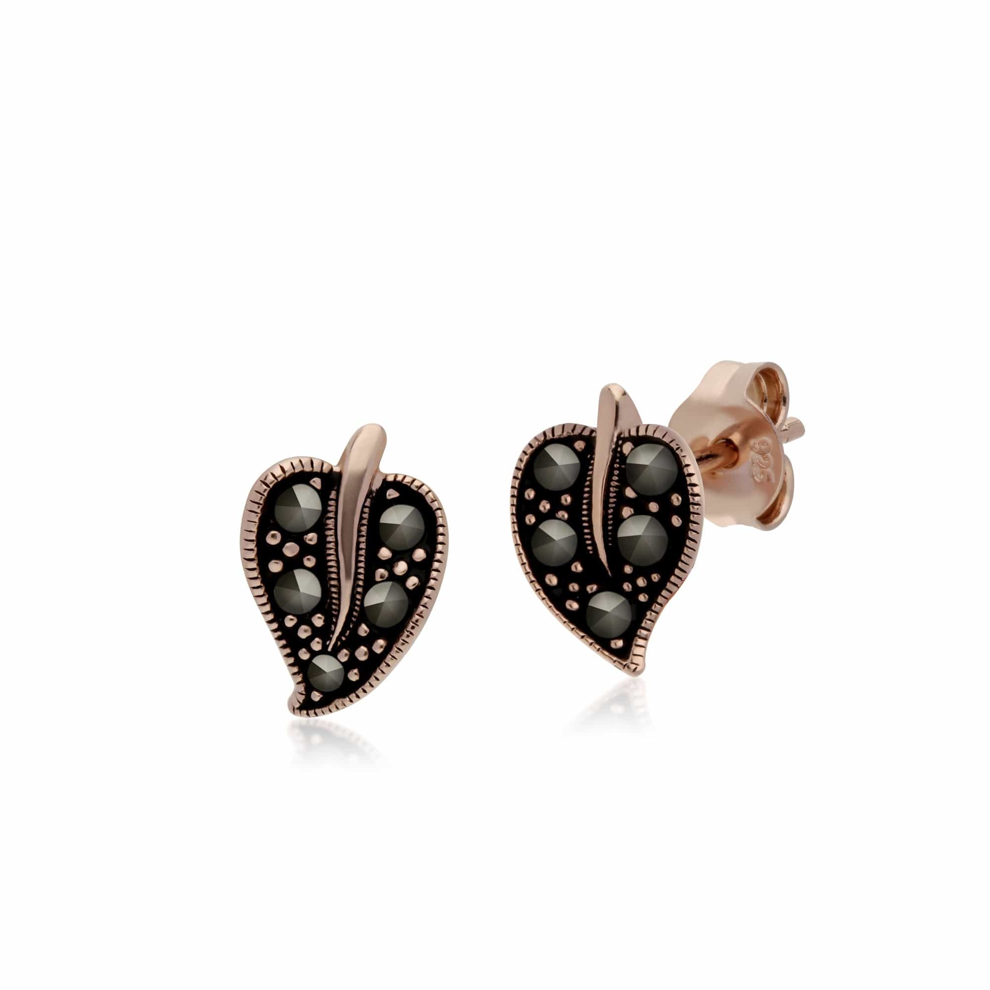 224E023401925-224R030501925 Rose Gold Plated Silver Marcasite Leaf Stud Earrings & Ring Set 2