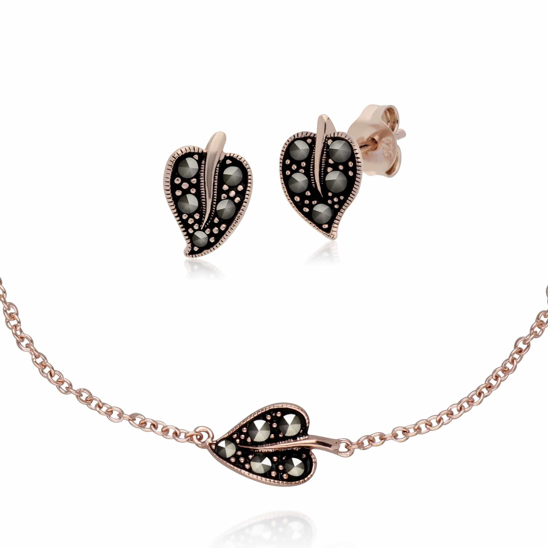 224E023401925-224L007301925 Rose Gold Plated Marcasite Leaf Stud Earrings & Bracelet Set in 925 Sterling Silver 1