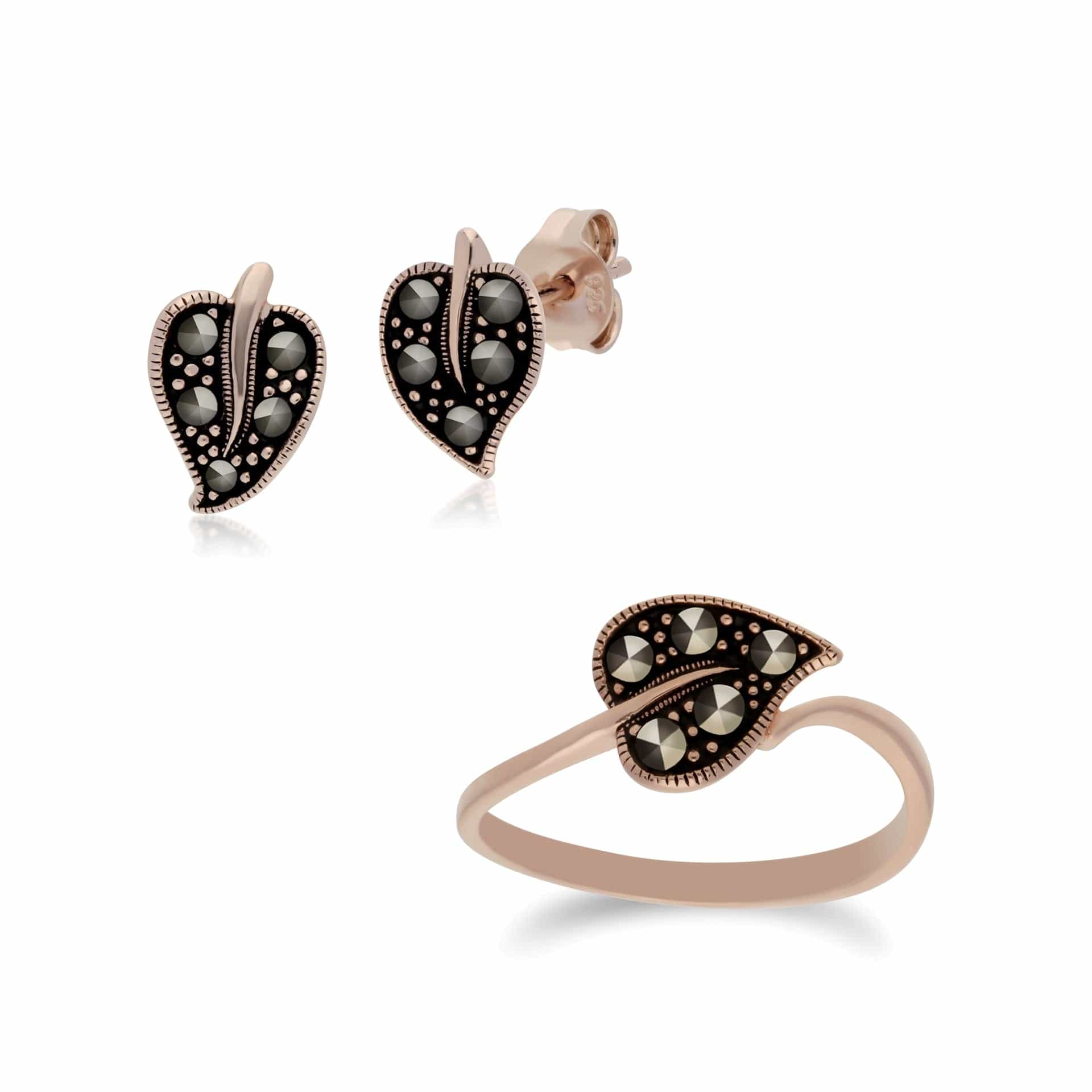 224E023401925-224R030501925 Rose Gold Plated Silver Marcasite Leaf Stud Earrings & Ring Set 1