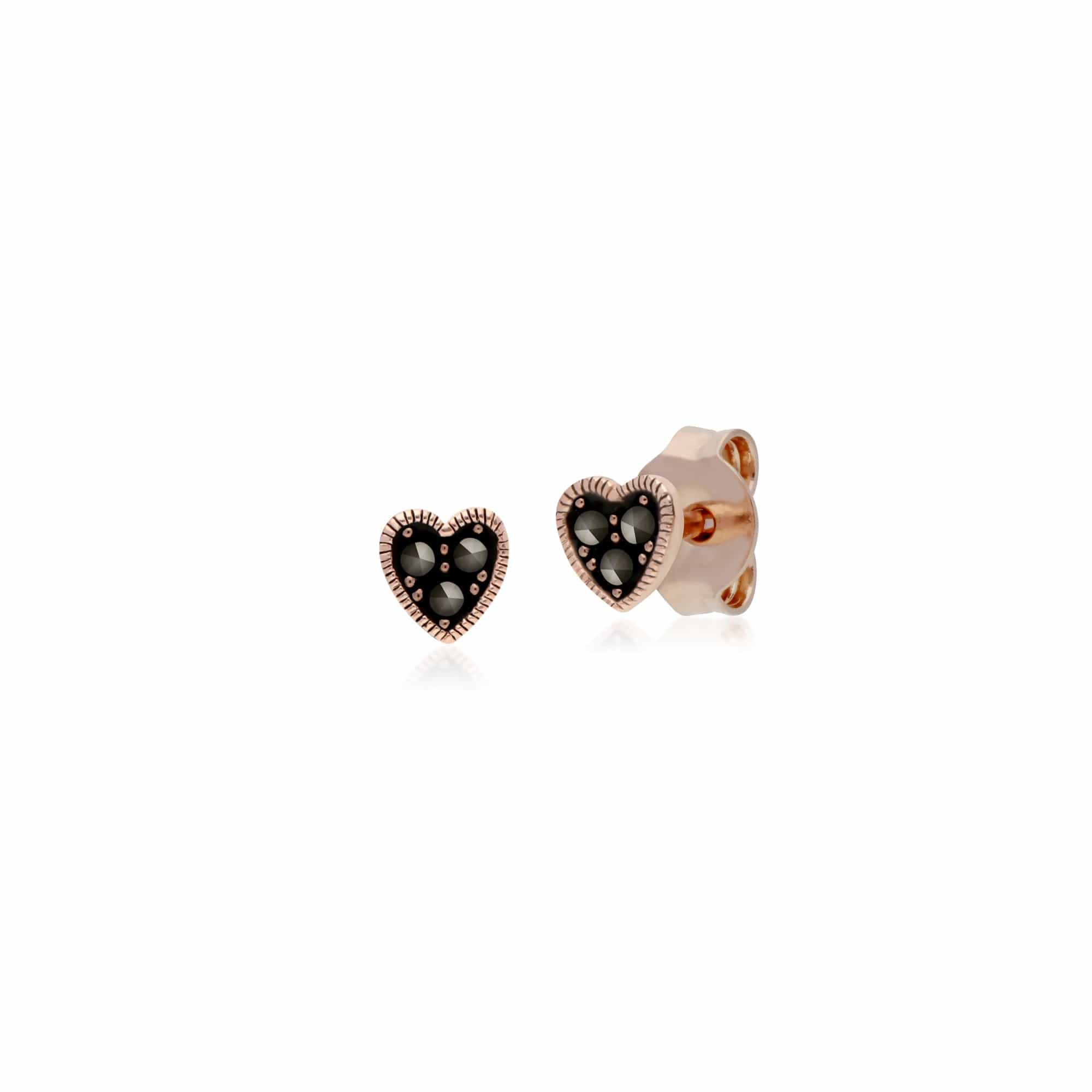 Rose Gold Plated Round Marcasite Heart Stud Earrings in 925 Sterling Silver - Gemondo