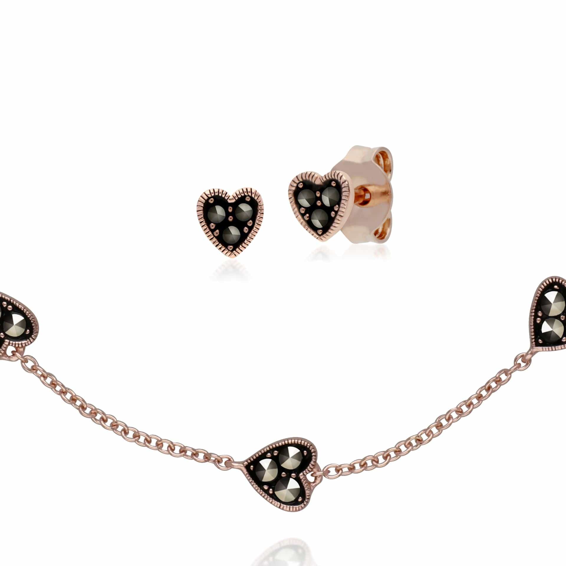 224E025301925-224L007601925 Rose Gold Plated Marcasite Heart Stud Earrings & Bracelet Set in 925 Sterling Silver 1