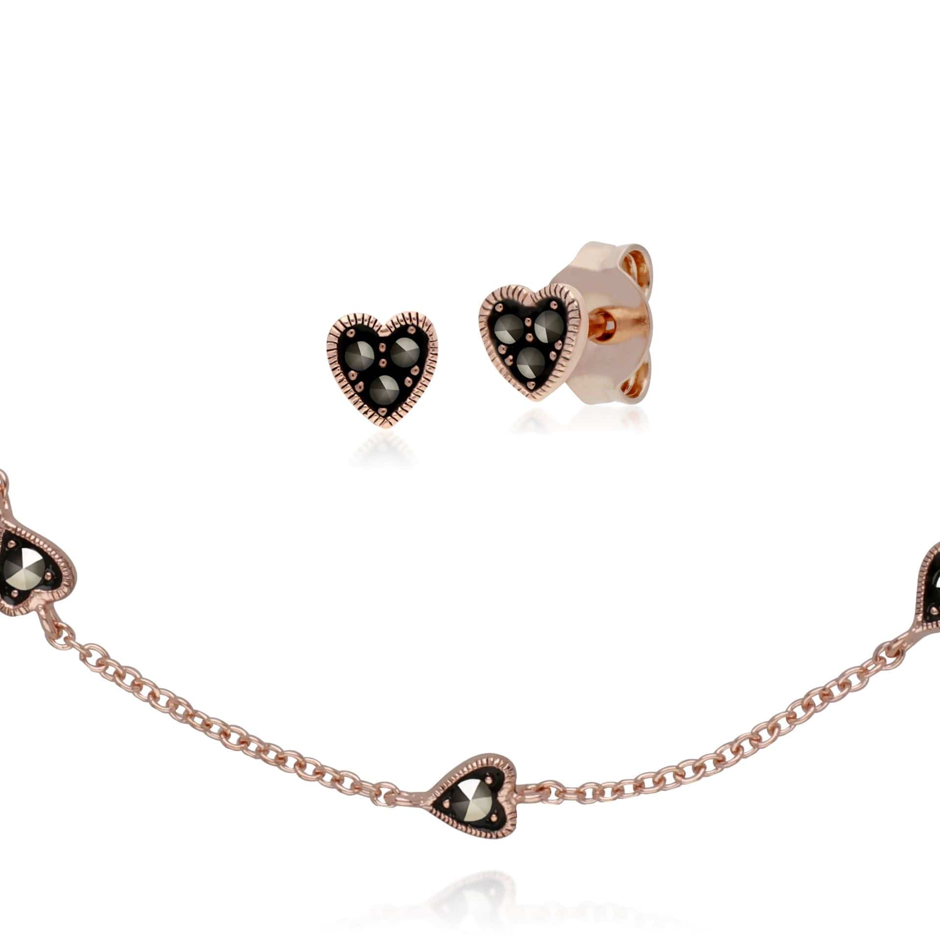 224E025301925-224L007701925 Rose Gold Plated Marcasite Heart Stud Earrings & Small Heart Bracelet Set in 925 Sterling Silver 1