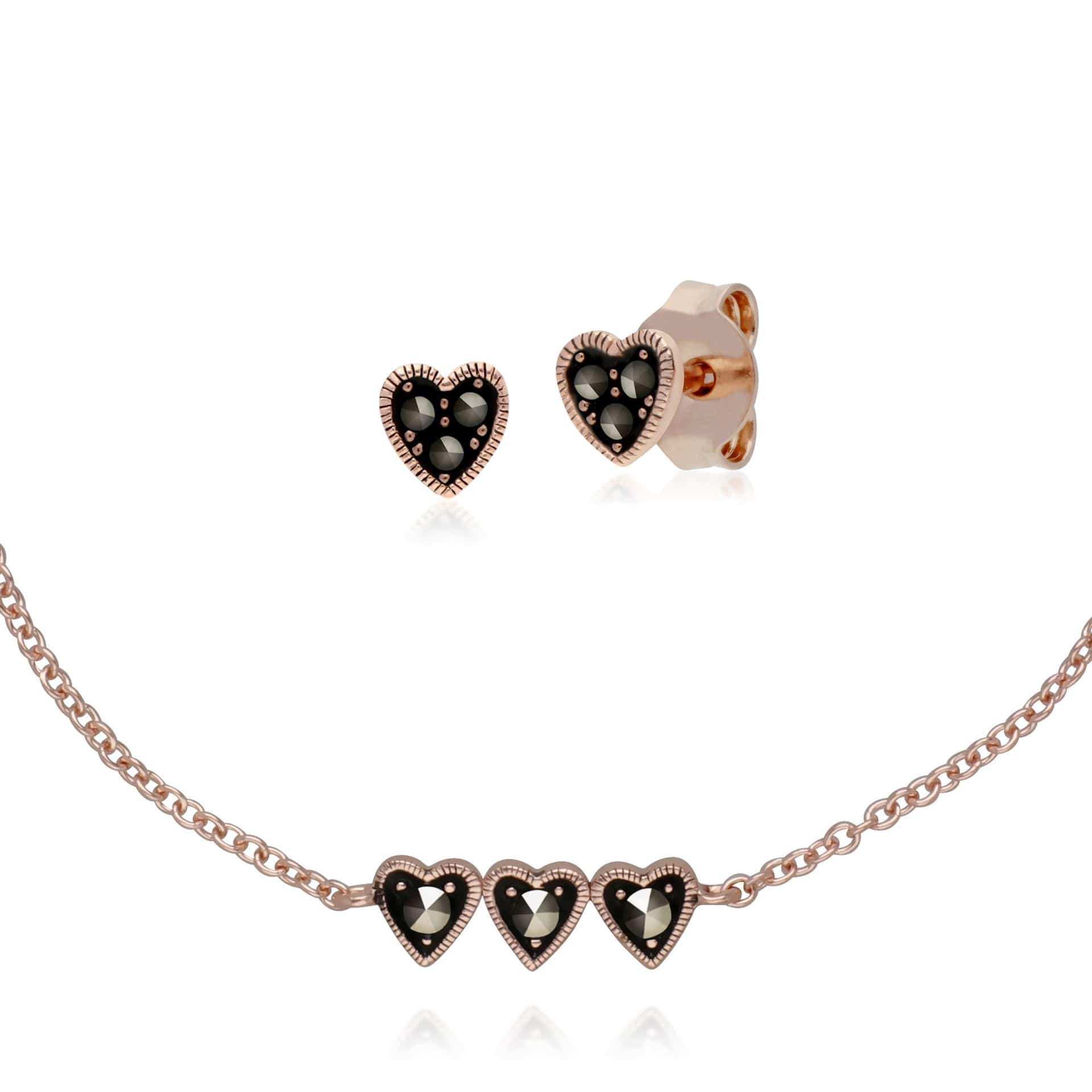 224E025301925-224L008101925 Rose Gold Plated Marcasite Heart Stud Earrings & Triple Heart Bracelet Set in 925 Sterling Silver 1