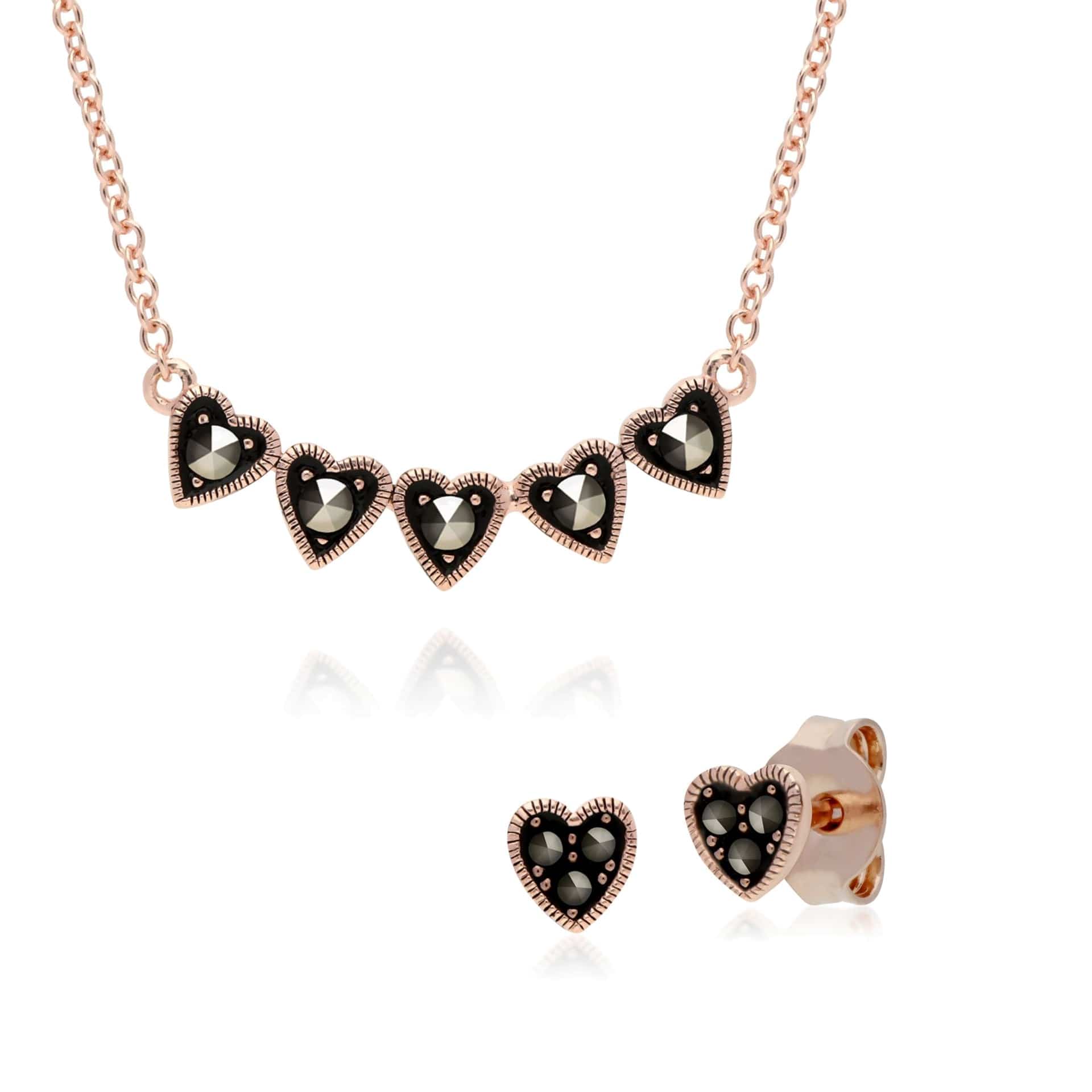 224E025301925-224N017601925 Rose Gold Plated Marcasite Heart Stud Earrings & Necklace Set in 925 Sterling Silver 1